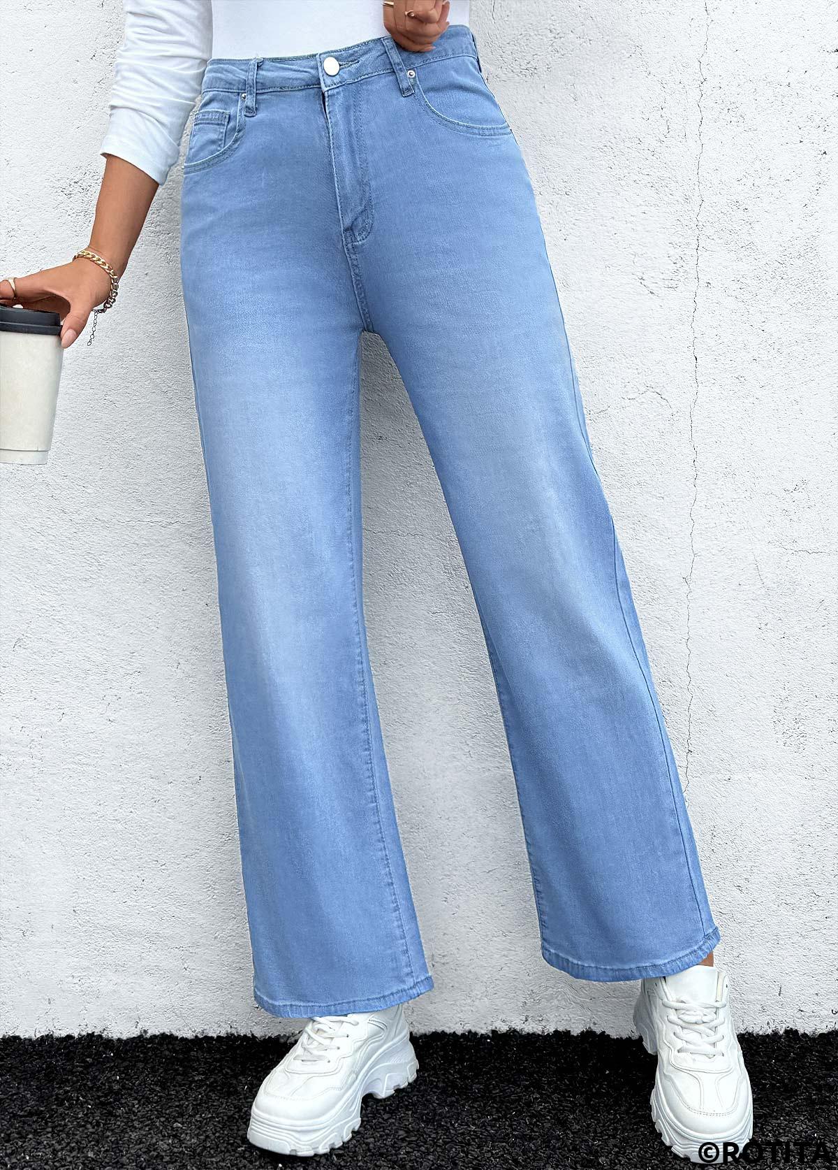 Denim Blue bottoms,Plain Color bottoms,Pocket Denim Blue Straight Leg Button Fly Jeans