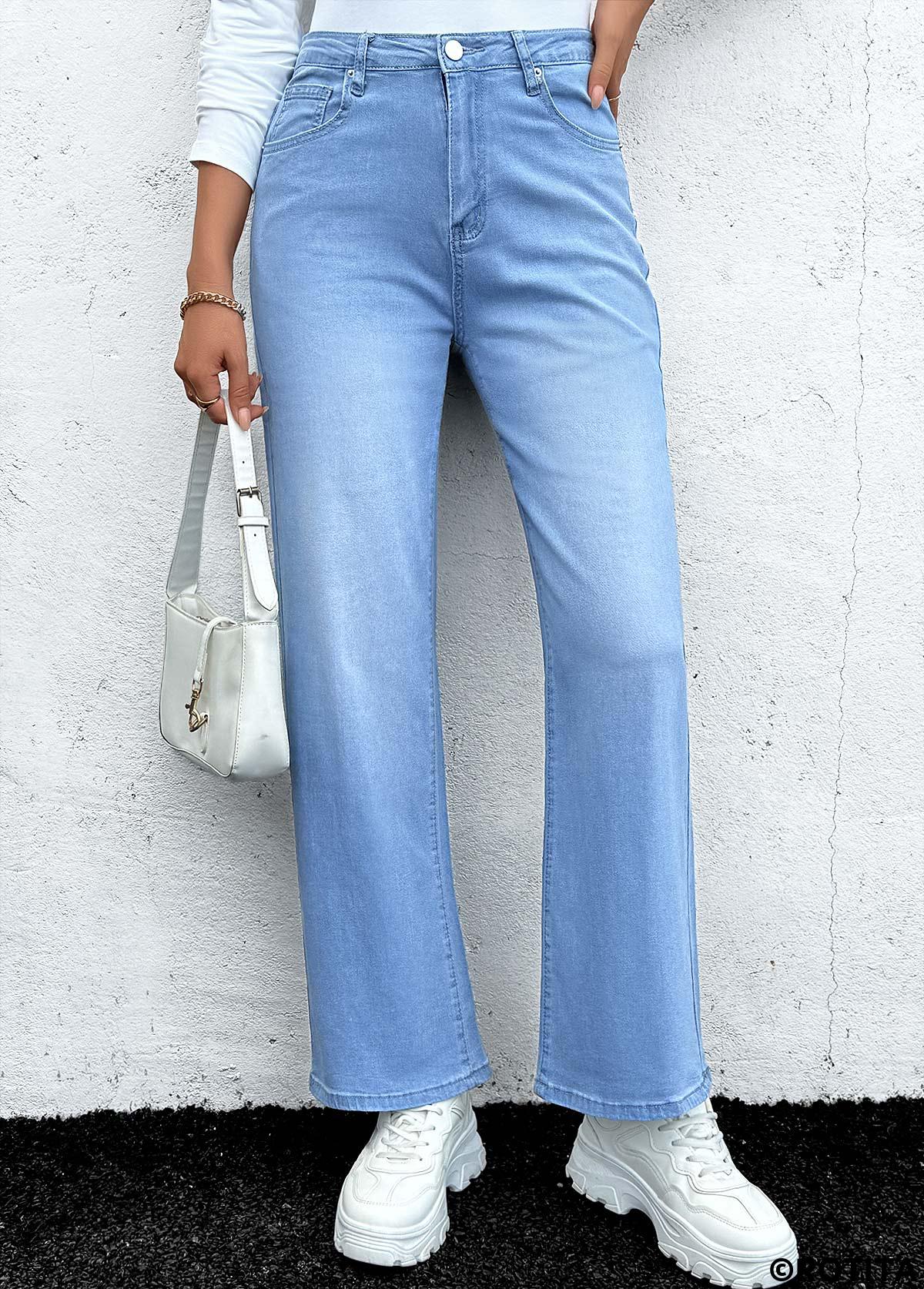Denim Blue bottoms,Plain Color bottoms,Pocket Denim Blue Straight Leg Button Fly Jeans