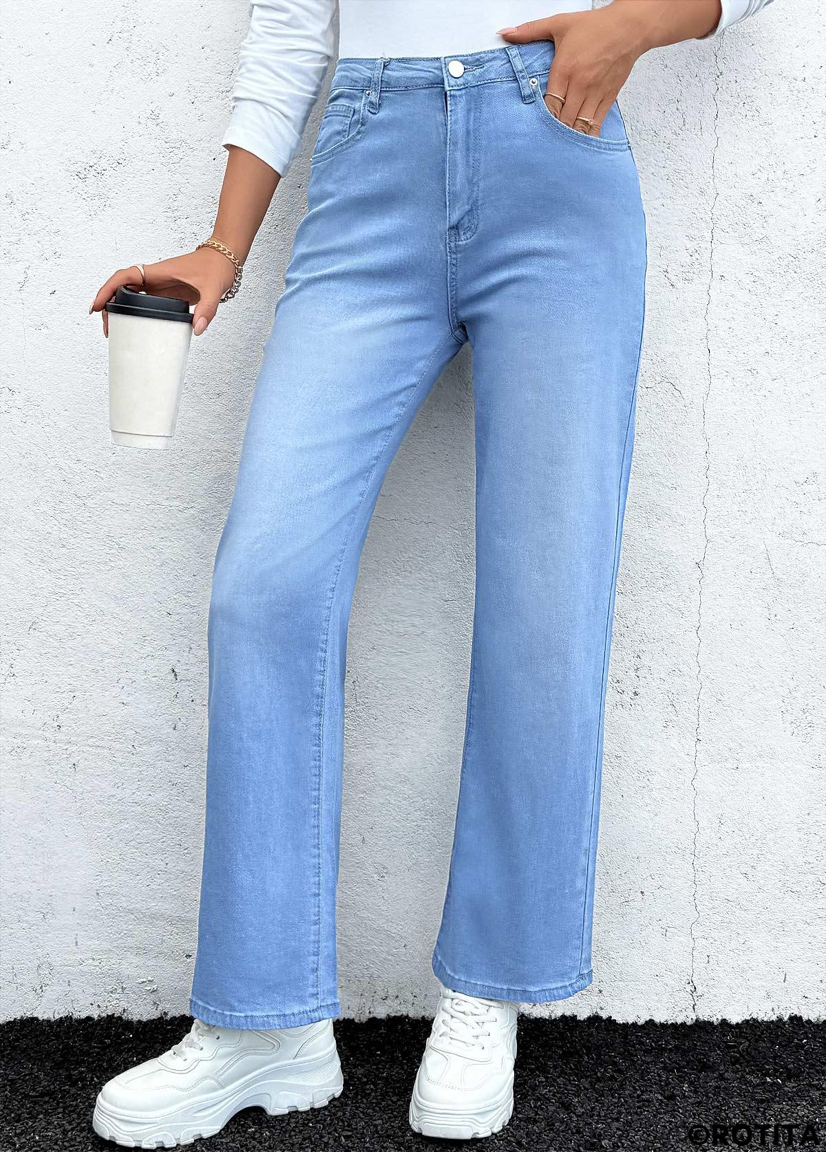 Denim Blue bottoms,Plain Color bottoms,Pocket Denim Blue Straight Leg Button Fly Jeans