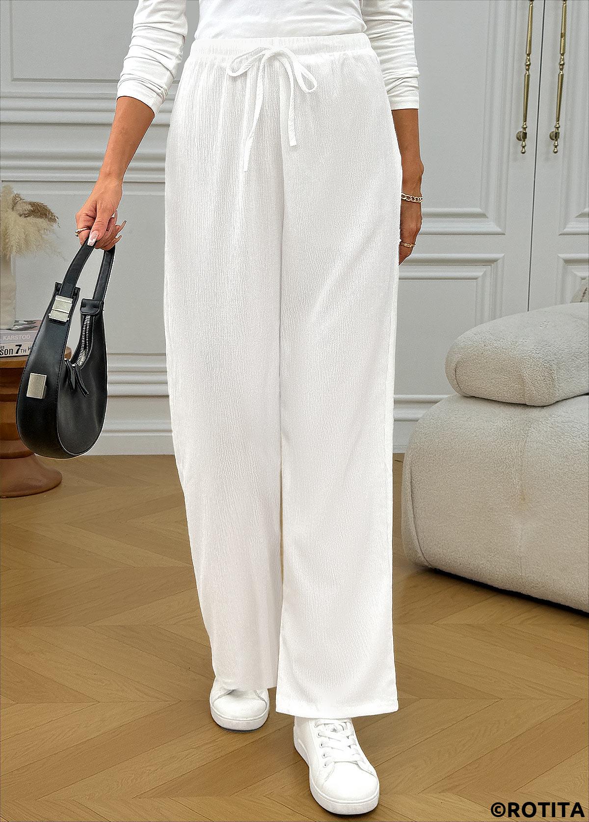 White bottoms,Plain Color bottoms,Pocket White Wide Leg Elastic Waist High Waisted Pants