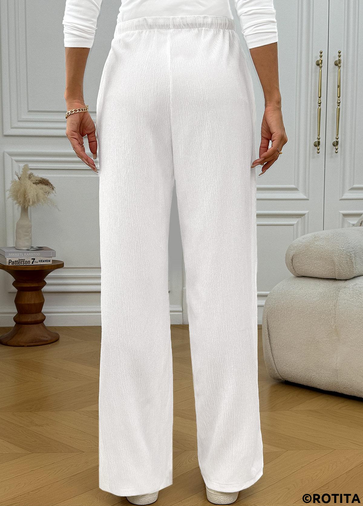 White bottoms,Plain Color bottoms,Pocket White Wide Leg Elastic Waist High Waisted Pants