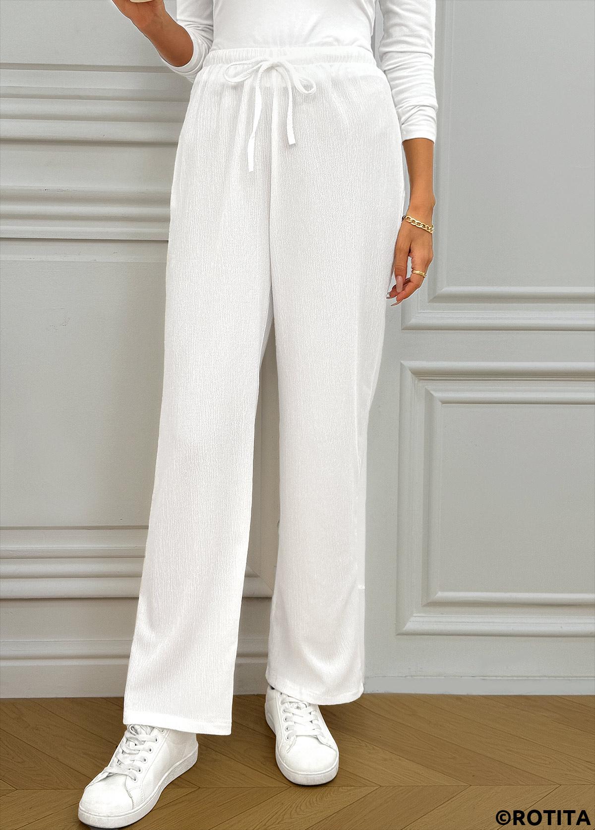 White bottoms,Plain Color bottoms,Pocket White Wide Leg Elastic Waist High Waisted Pants