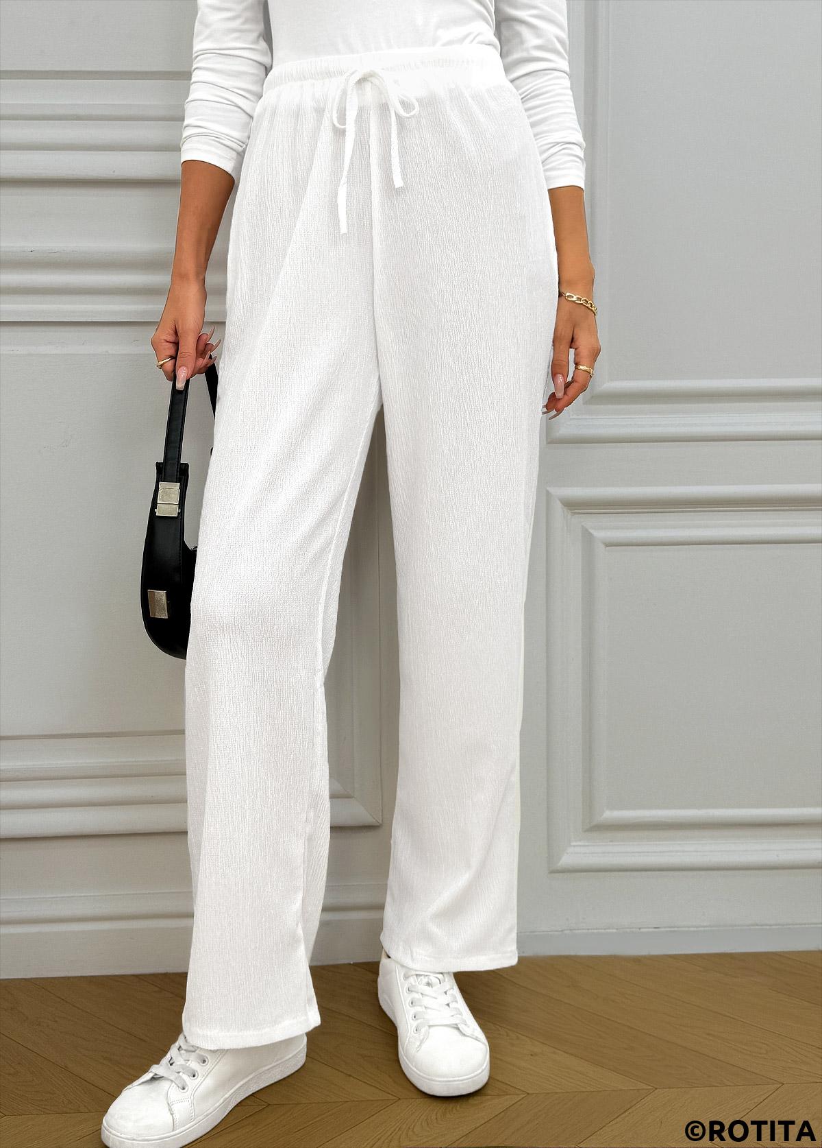 White bottoms,Plain Color bottoms,Pocket White Wide Leg Elastic Waist High Waisted Pants