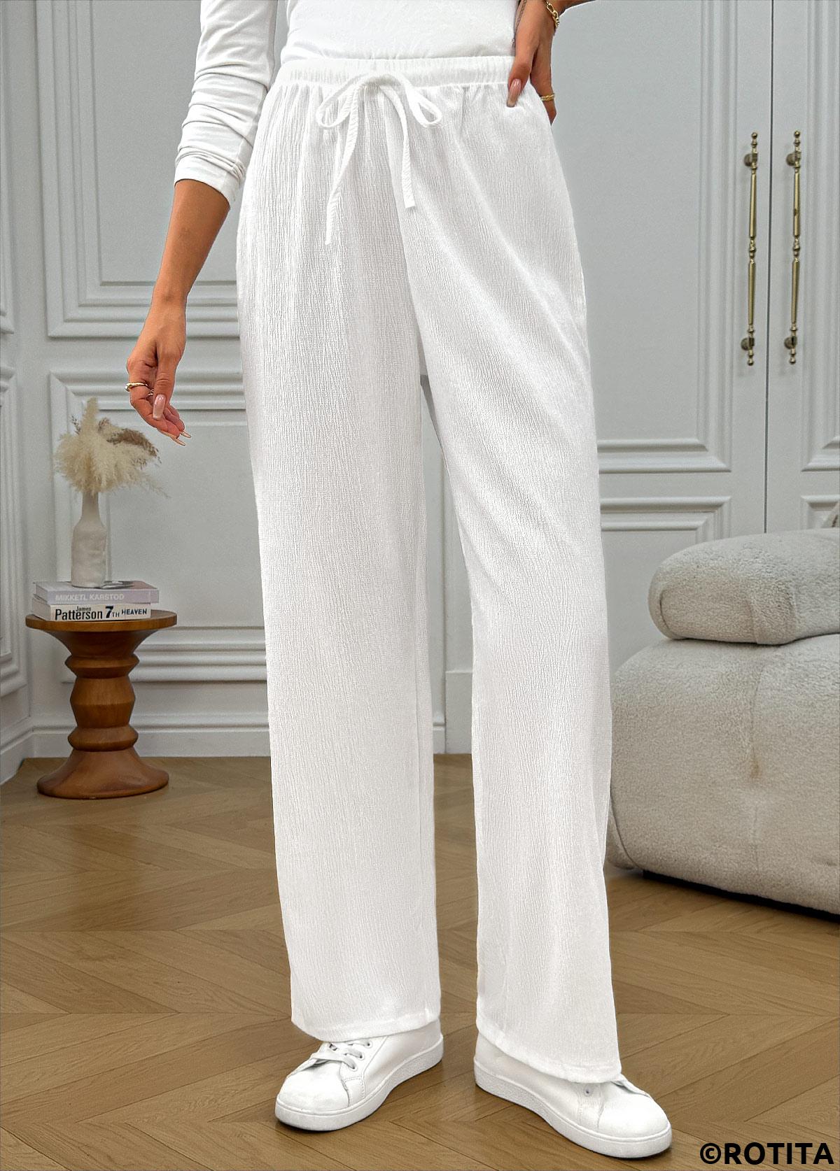 White bottoms,Plain Color bottoms,Pocket White Wide Leg Elastic Waist High Waisted Pants