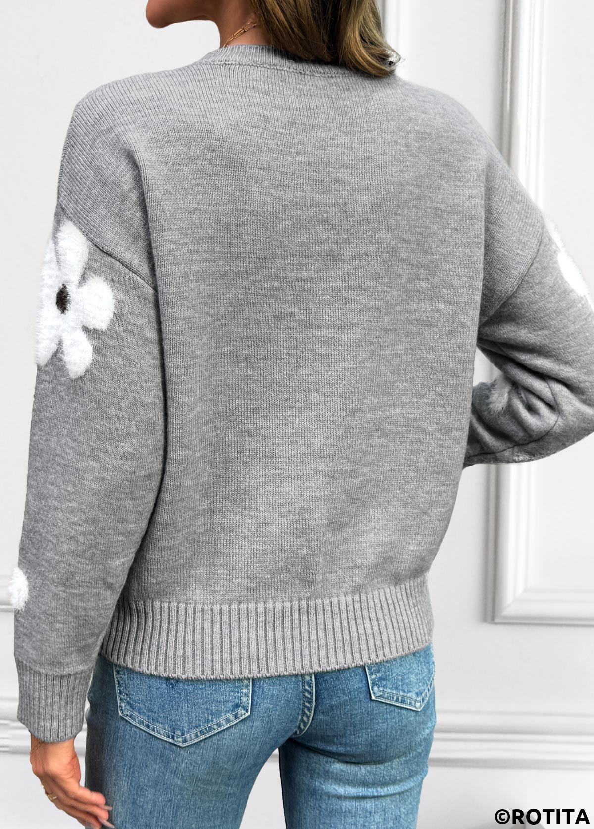 Grey tops,Floral tops,Plants tops,Tummy Coverage Floral Print Grey Round Neck Sweater