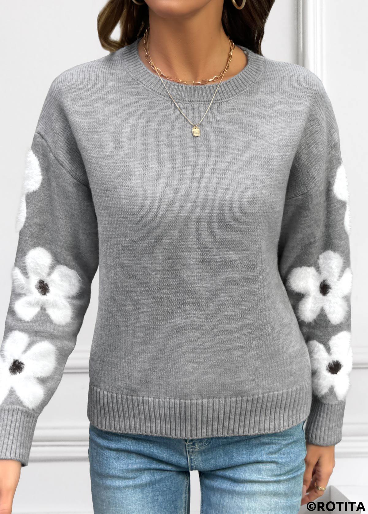 Grey tops,Floral tops,Plants tops,Tummy Coverage Floral Print Grey Round Neck Sweater