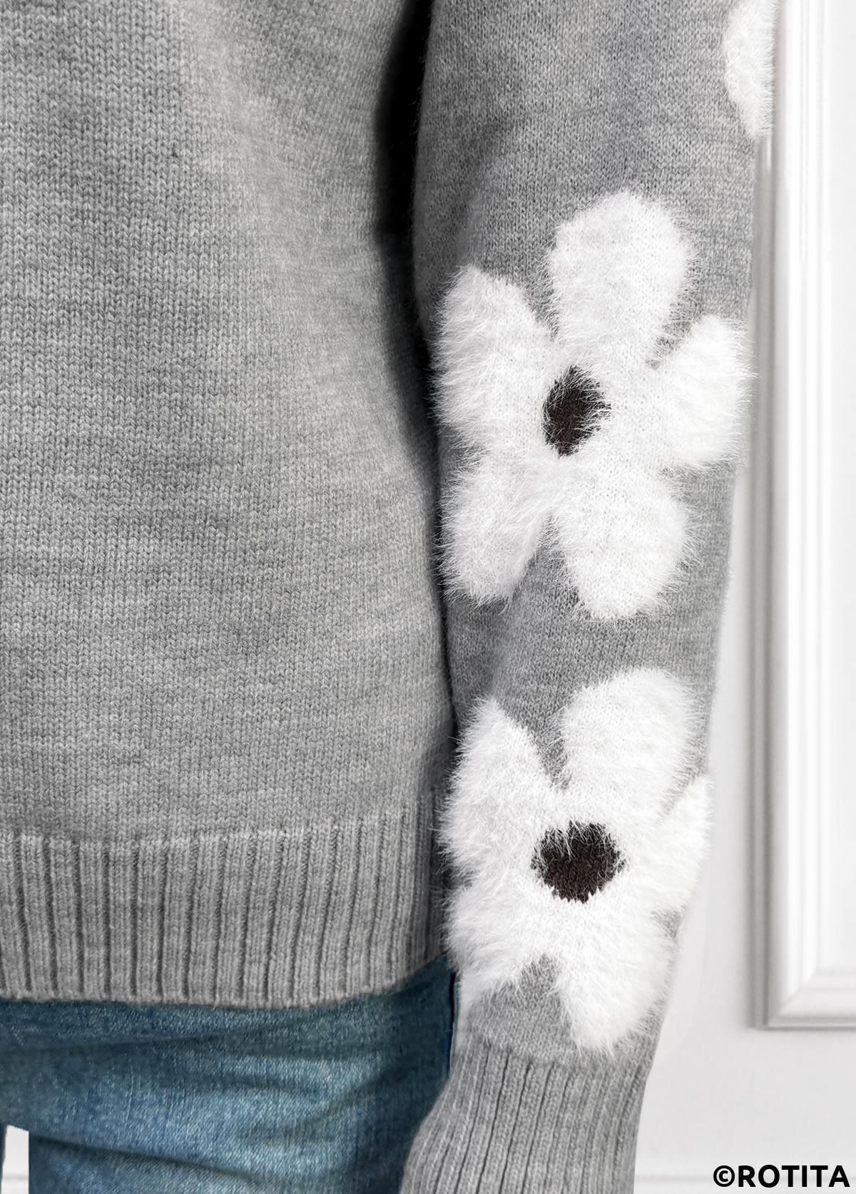 Grey tops,Floral tops,Plants tops,Tummy Coverage Floral Print Grey Round Neck Sweater