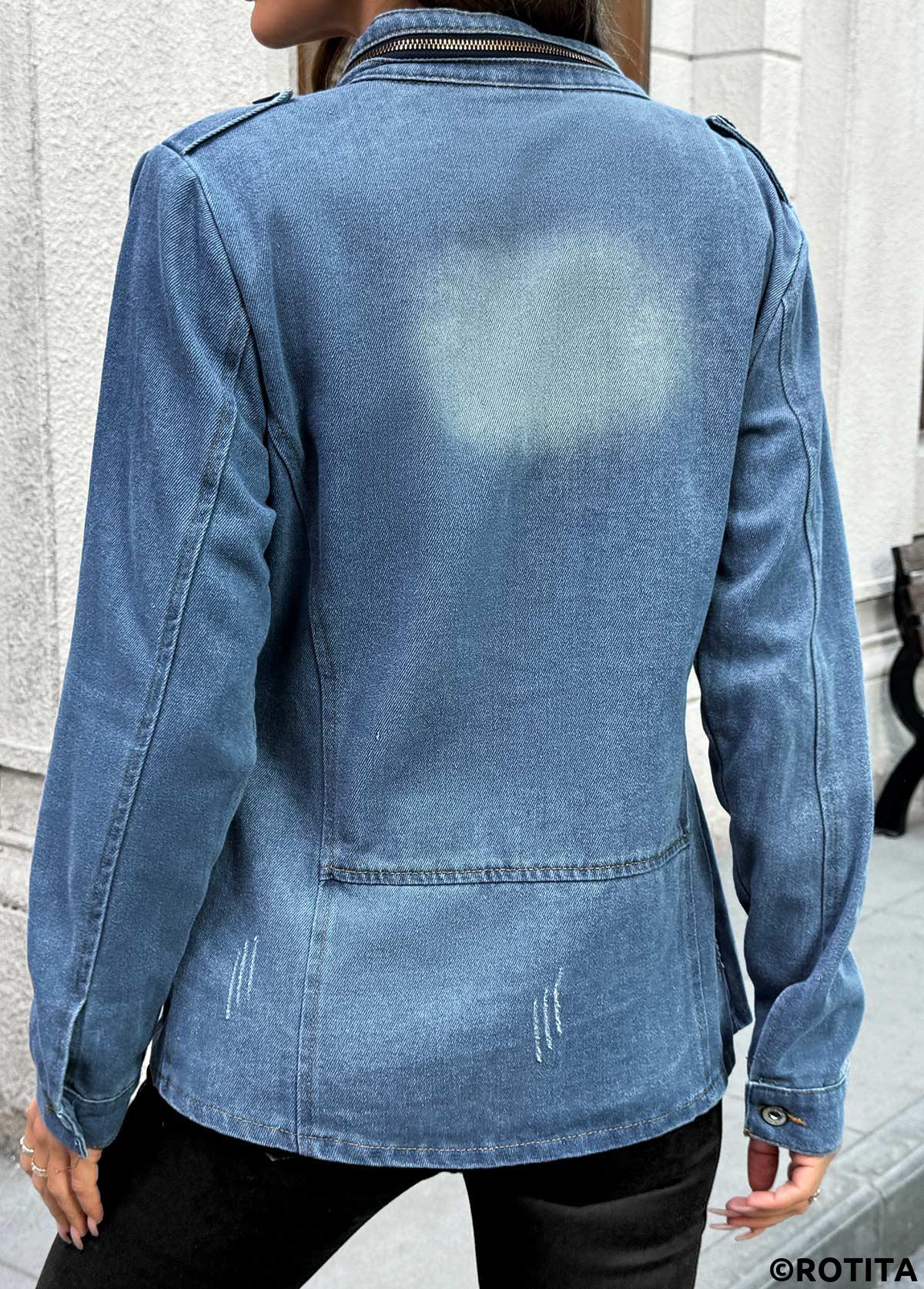 Denim Blue tops,Plain Color tops,Patch Pocket Denim Blue Stand Collar Long Sleeve Coat
