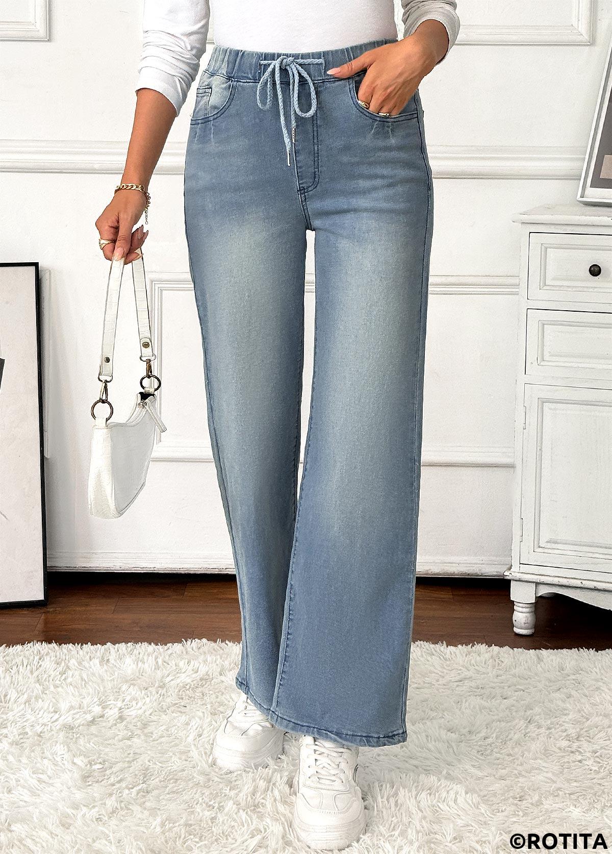 Denim Blue bottoms,Plain Color bottoms,Pocket Denim Blue Wide Leg Elastic Waist Jeans