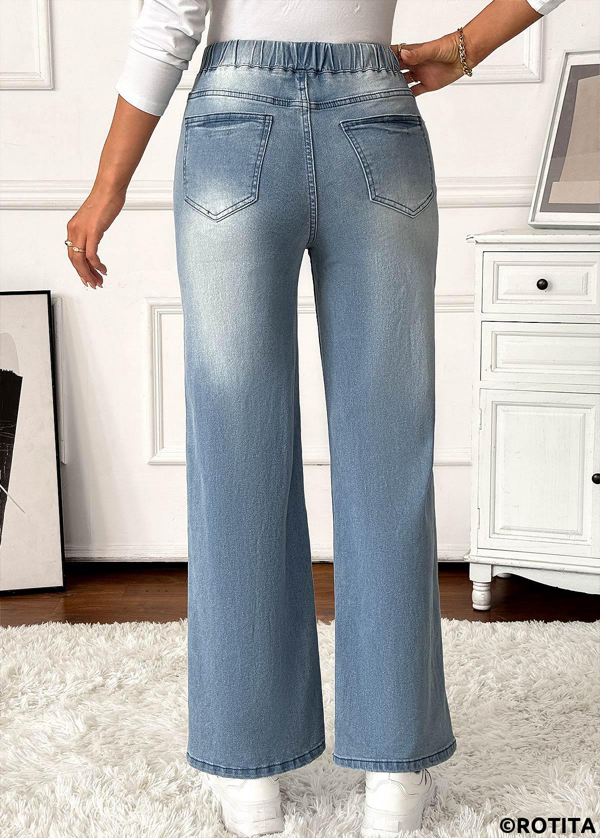 Denim Blue bottoms,Plain Color bottoms,Pocket Denim Blue Wide Leg Elastic Waist Jeans