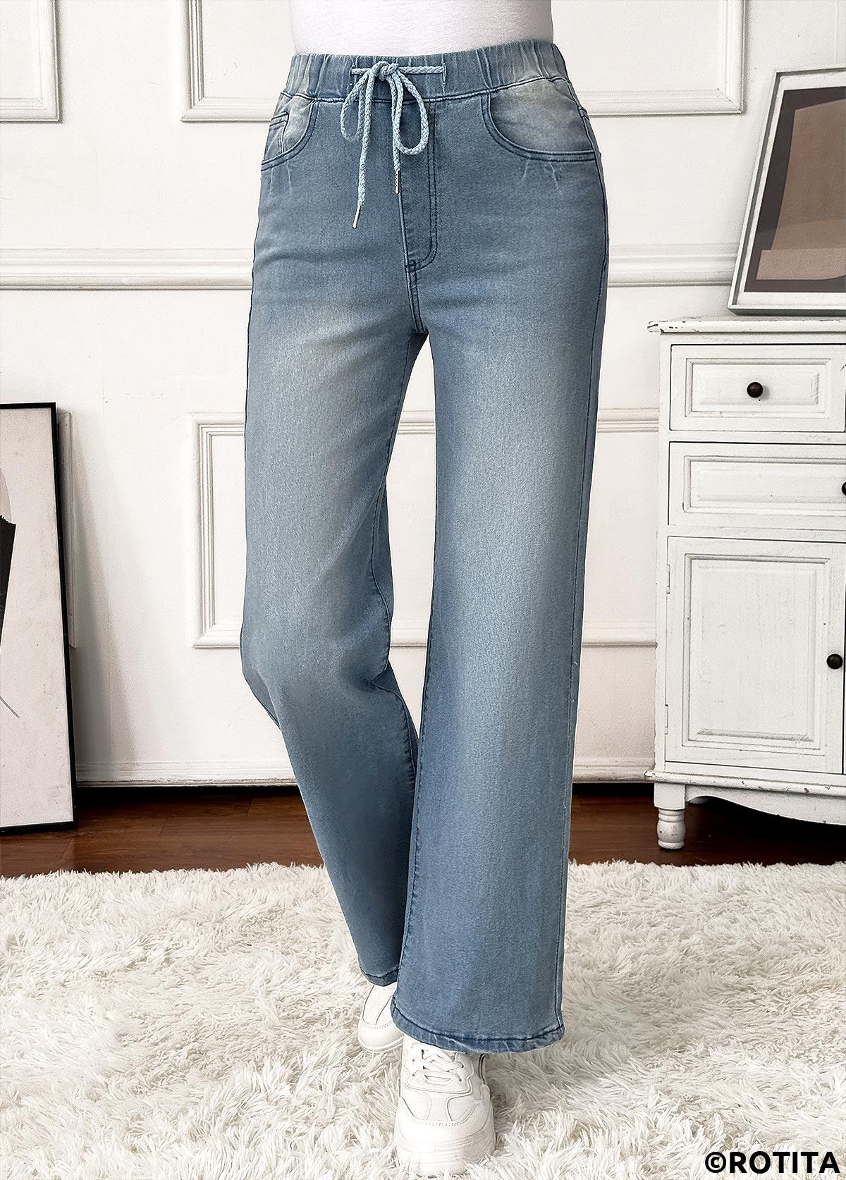 Denim Blue bottoms,Plain Color bottoms,Pocket Denim Blue Wide Leg Elastic Waist Jeans