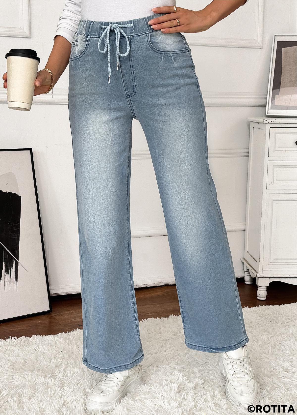 Denim Blue bottoms,Plain Color bottoms,Pocket Denim Blue Wide Leg Elastic Waist Jeans