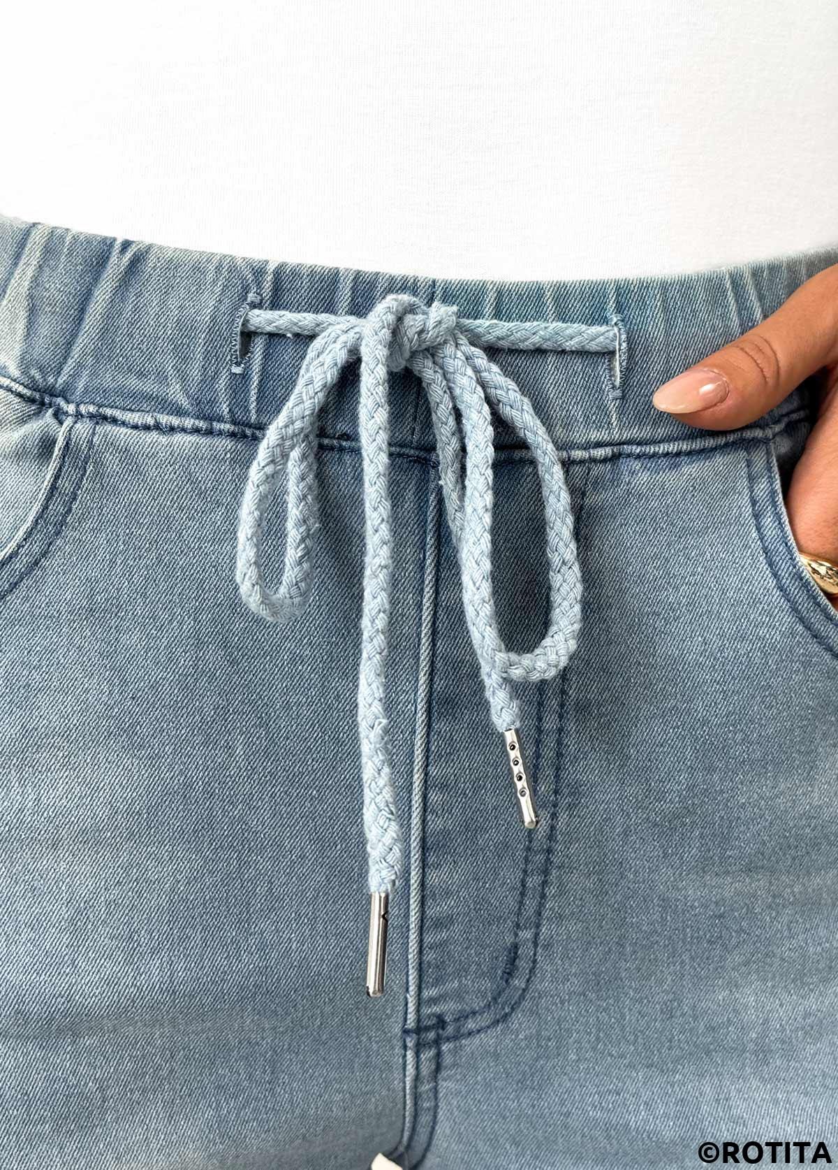 Denim Blue bottoms,Plain Color bottoms,Pocket Denim Blue Wide Leg Elastic Waist Jeans