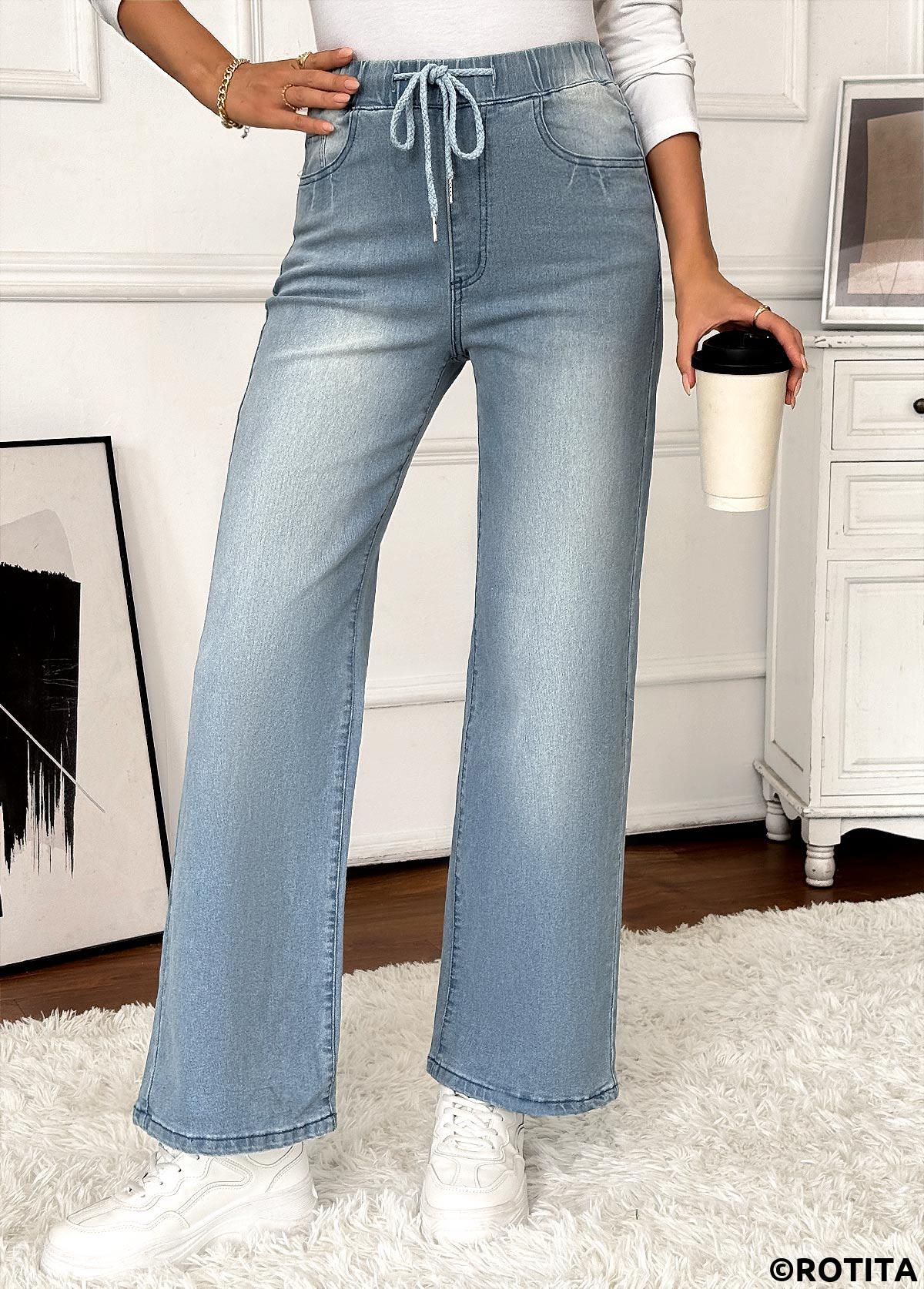 Denim Blue bottoms,Plain Color bottoms,Pocket Denim Blue Wide Leg Elastic Waist Jeans
