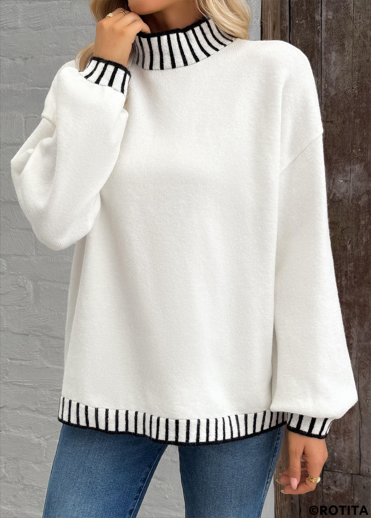 White tops,Contrast Color tops,Tummy Coverage White High Neck Long Sleeve Sweater