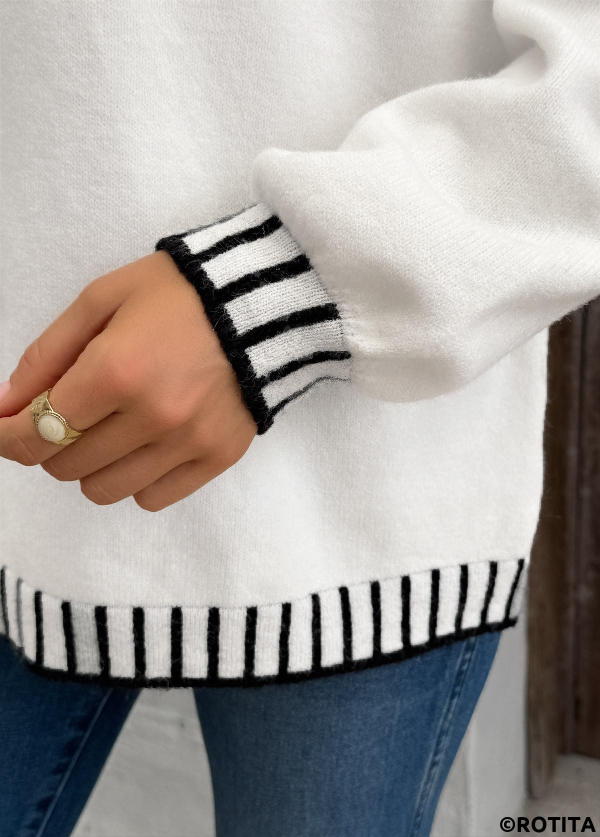 White tops,Contrast Color tops,Tummy Coverage White High Neck Long Sleeve Sweater