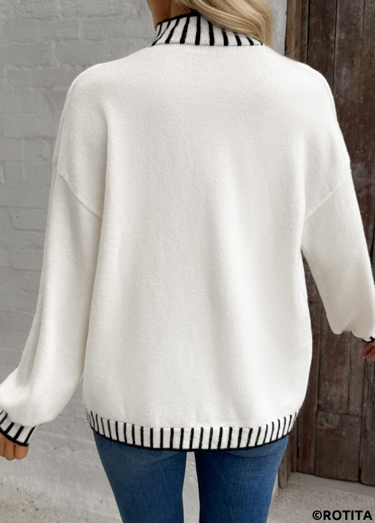 White tops,Contrast Color tops,Tummy Coverage White High Neck Long Sleeve Sweater