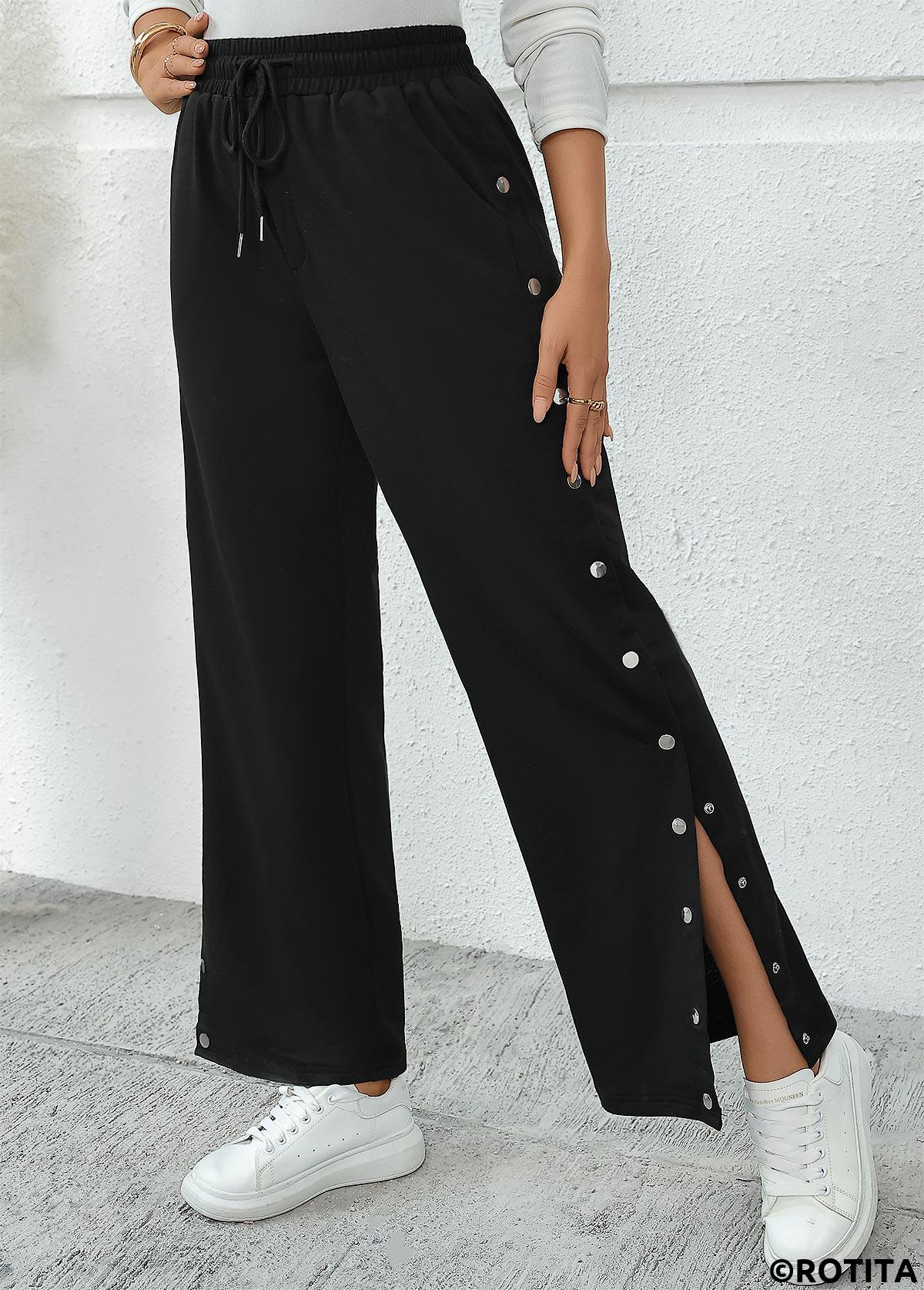 Black bottoms,Plain Color bottoms,Pocket Black Wide Leg Elastic Waist High Waisted Pants