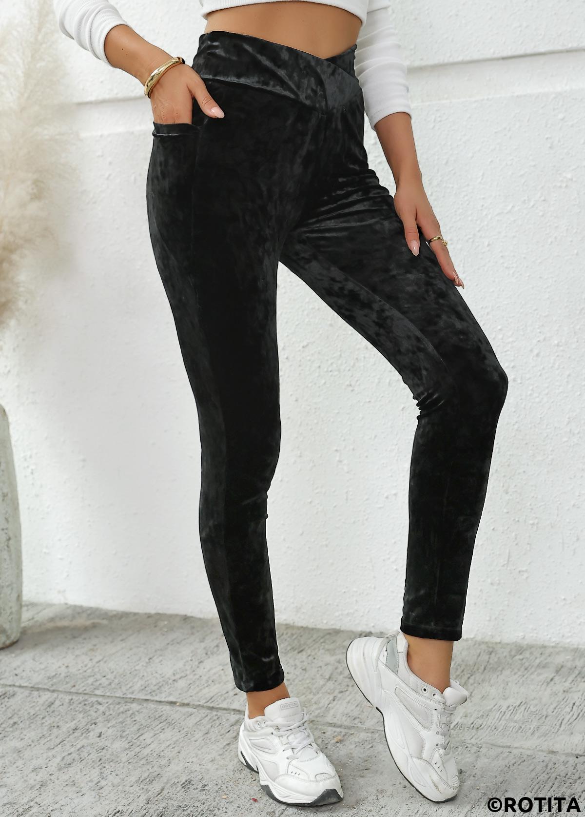 Black bottoms,Plain Color bottoms,Pocket Black Skinny Elastic Waist High Waisted Pants