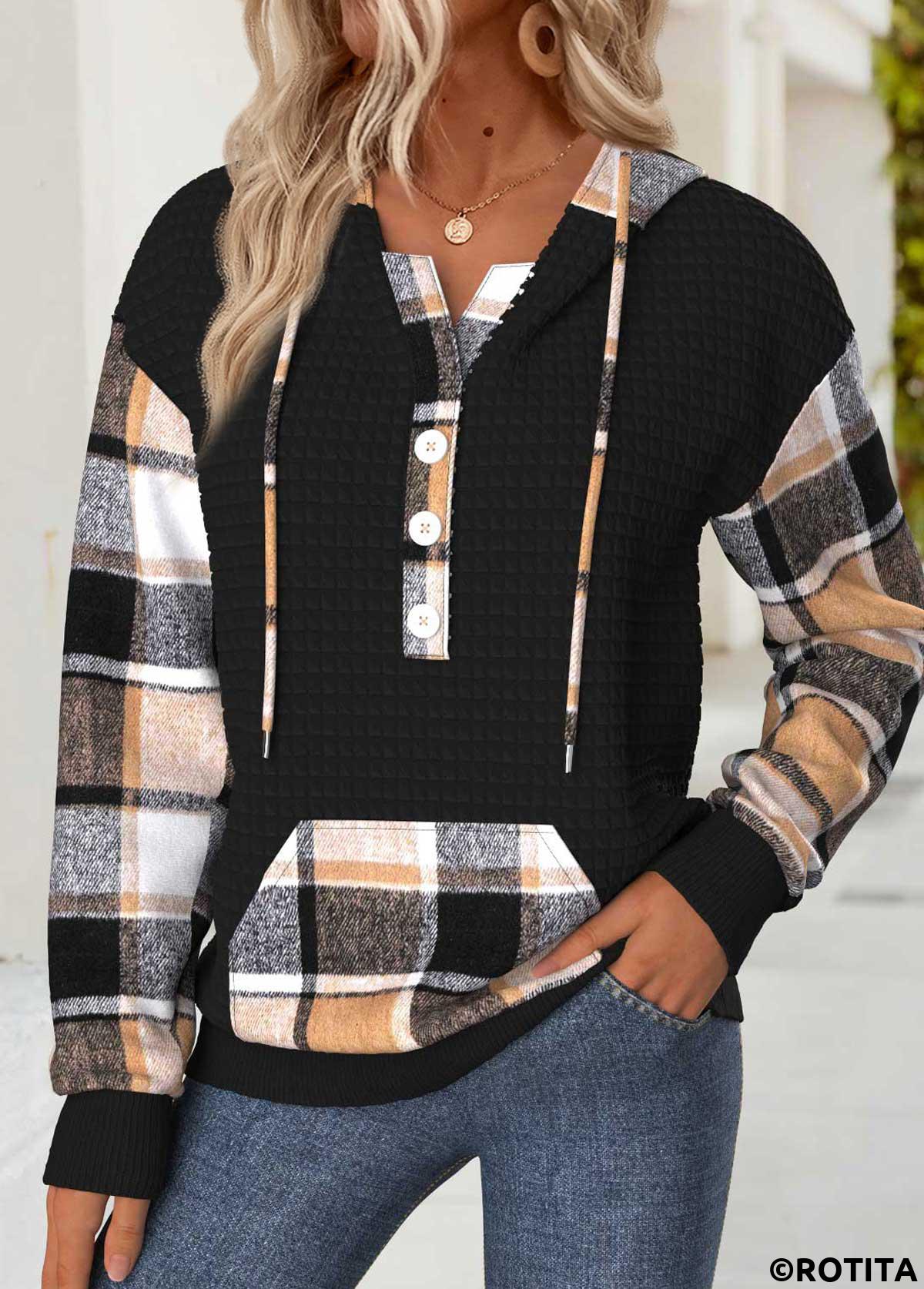 Black tops,Plaid tops,Geometric tops,ROTITA Tummy Coverage Plaid Black Long Sleeve Hoodie