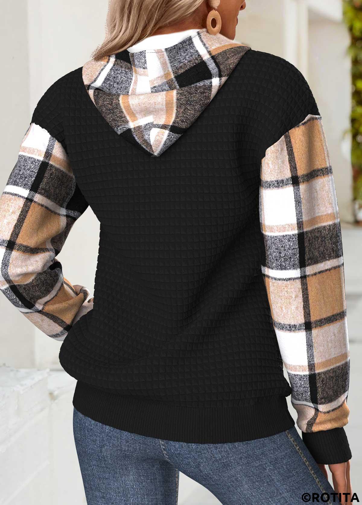 Black tops,Plaid tops,Geometric tops,ROTITA Tummy Coverage Plaid Black Long Sleeve Hoodie