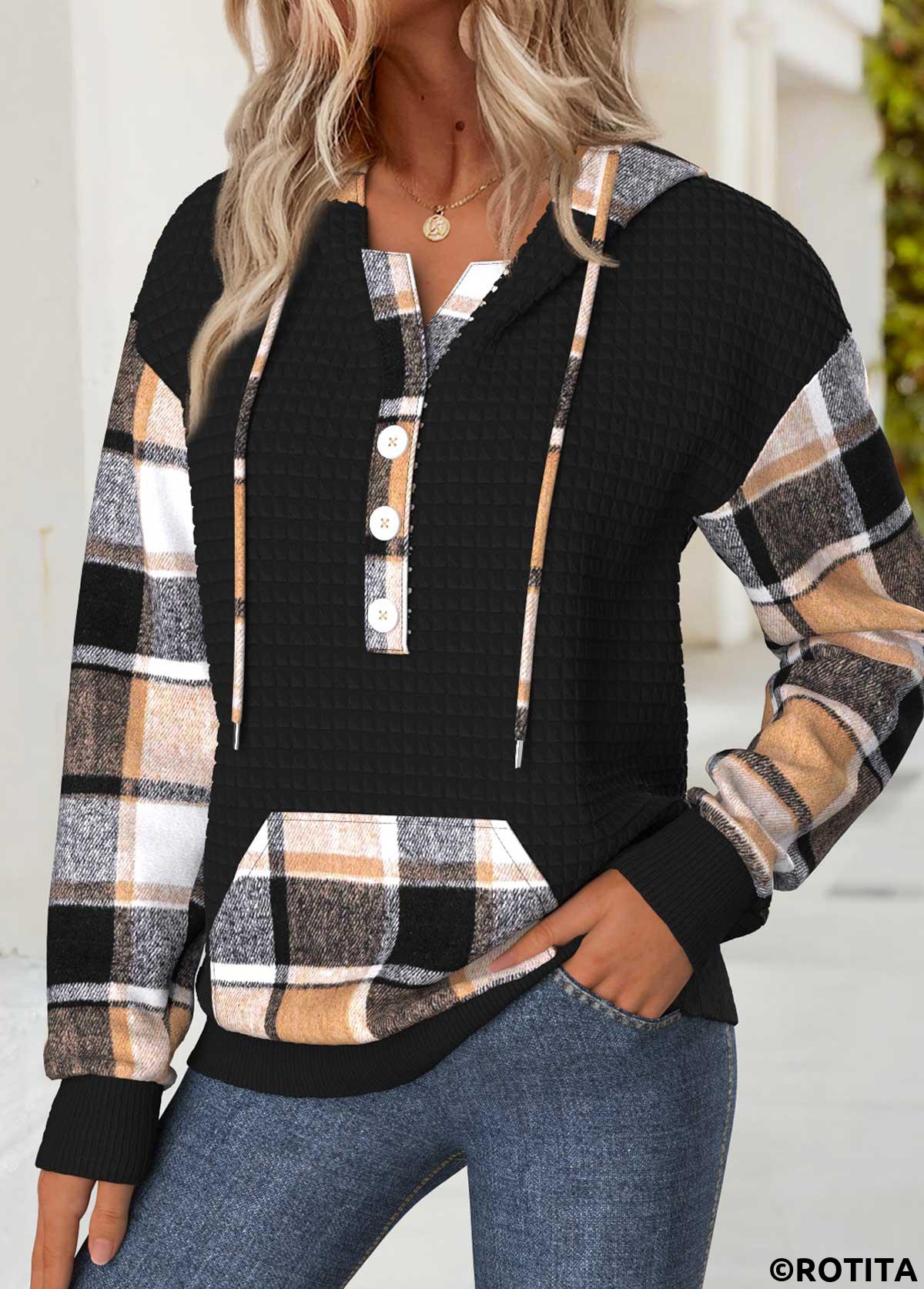 Black tops,Plaid tops,Geometric tops,ROTITA Tummy Coverage Plaid Black Long Sleeve Hoodie