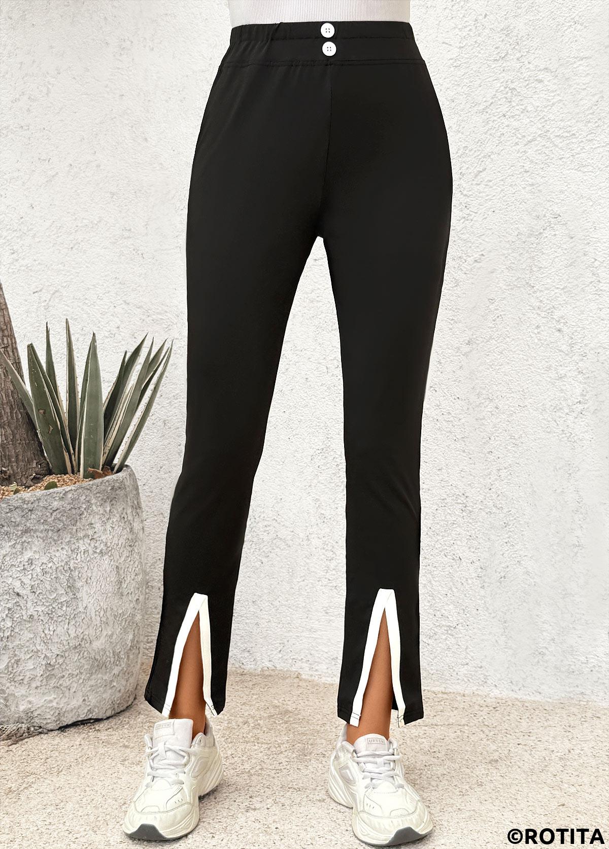 Black bottoms,Contrast Color bottoms,Black Elastic Waist High Waisted Pants