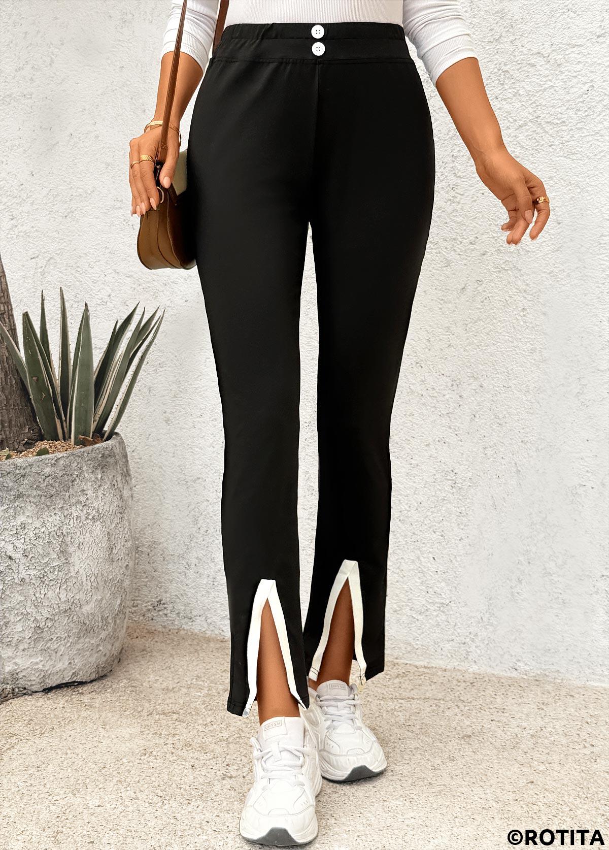 Black bottoms,Contrast Color bottoms,Black Elastic Waist High Waisted Pants