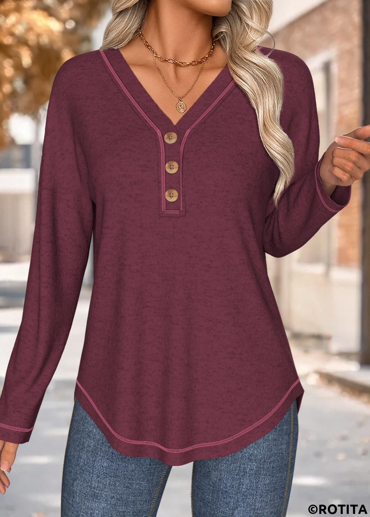 Wine Red tops,Plain Color tops,ROTITA Tummy Coverage Wine Red V Neck T Shirt