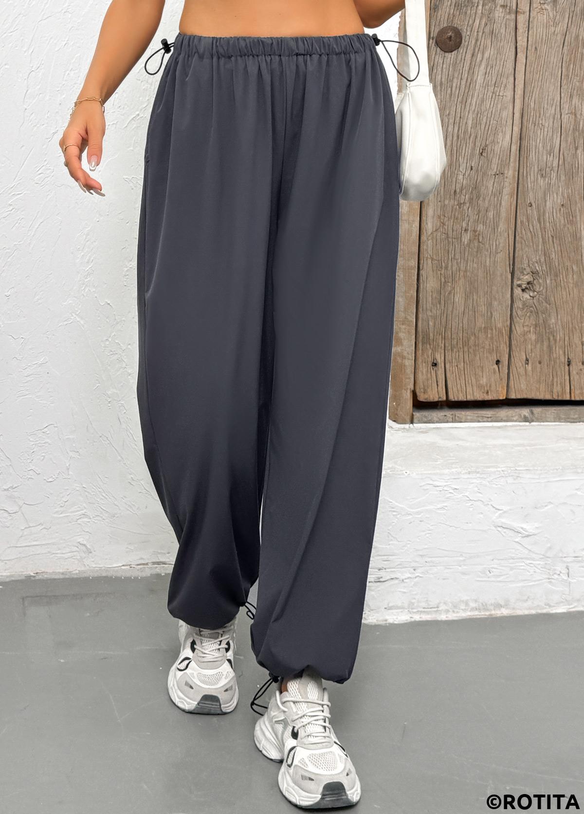 Dark Grey bottoms,Plain Color bottoms,Pocket Dark Grey Jogger Elastic Waist High Waisted Pants
