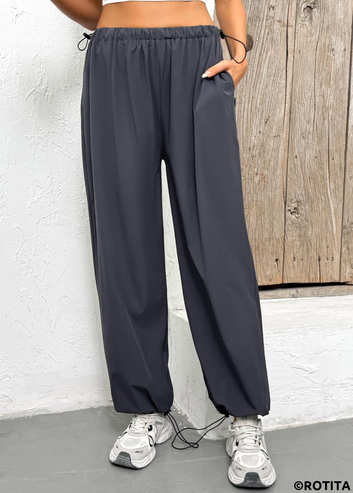 Dark Grey bottoms,Plain Color bottoms,Pocket Dark Grey Jogger Elastic Waist High Waisted Pants