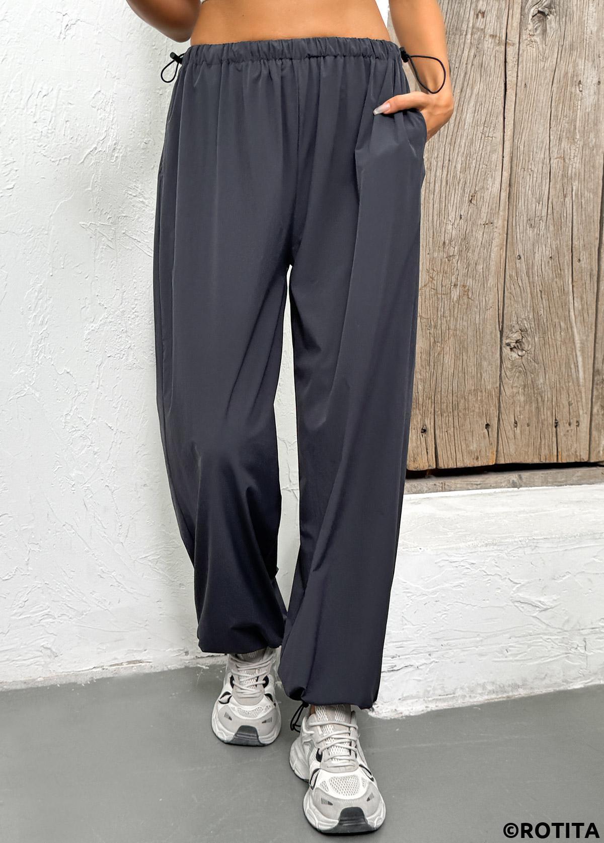 Dark Grey bottoms,Plain Color bottoms,Pocket Dark Grey Jogger Elastic Waist High Waisted Pants