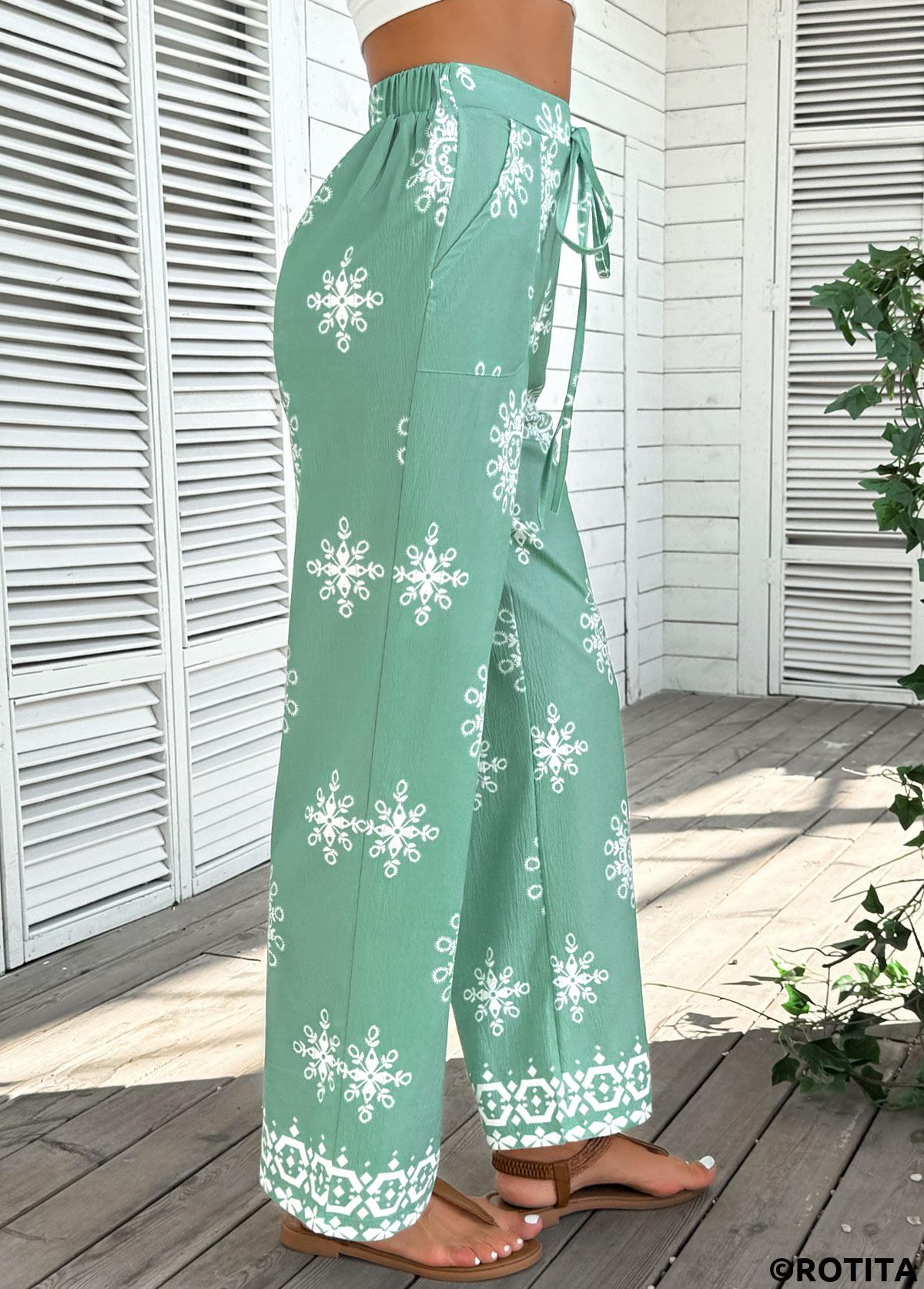 Mint Green bottoms,Floral bottoms,Plants bottoms,Soft Floral Print Mint Green Wide Leg Pants