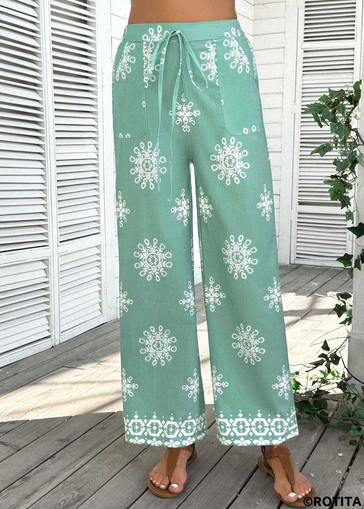Mint Green bottoms,Floral bottoms,Plants bottoms,Soft Floral Print Mint Green Wide Leg Pants