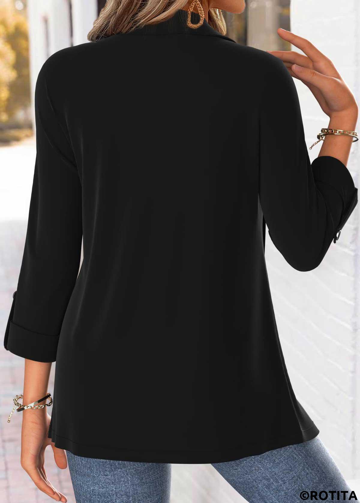 Black tops,Plain Color tops,ROTITA Tummy Coverage Black Square Neck Long Sleeve Blouse