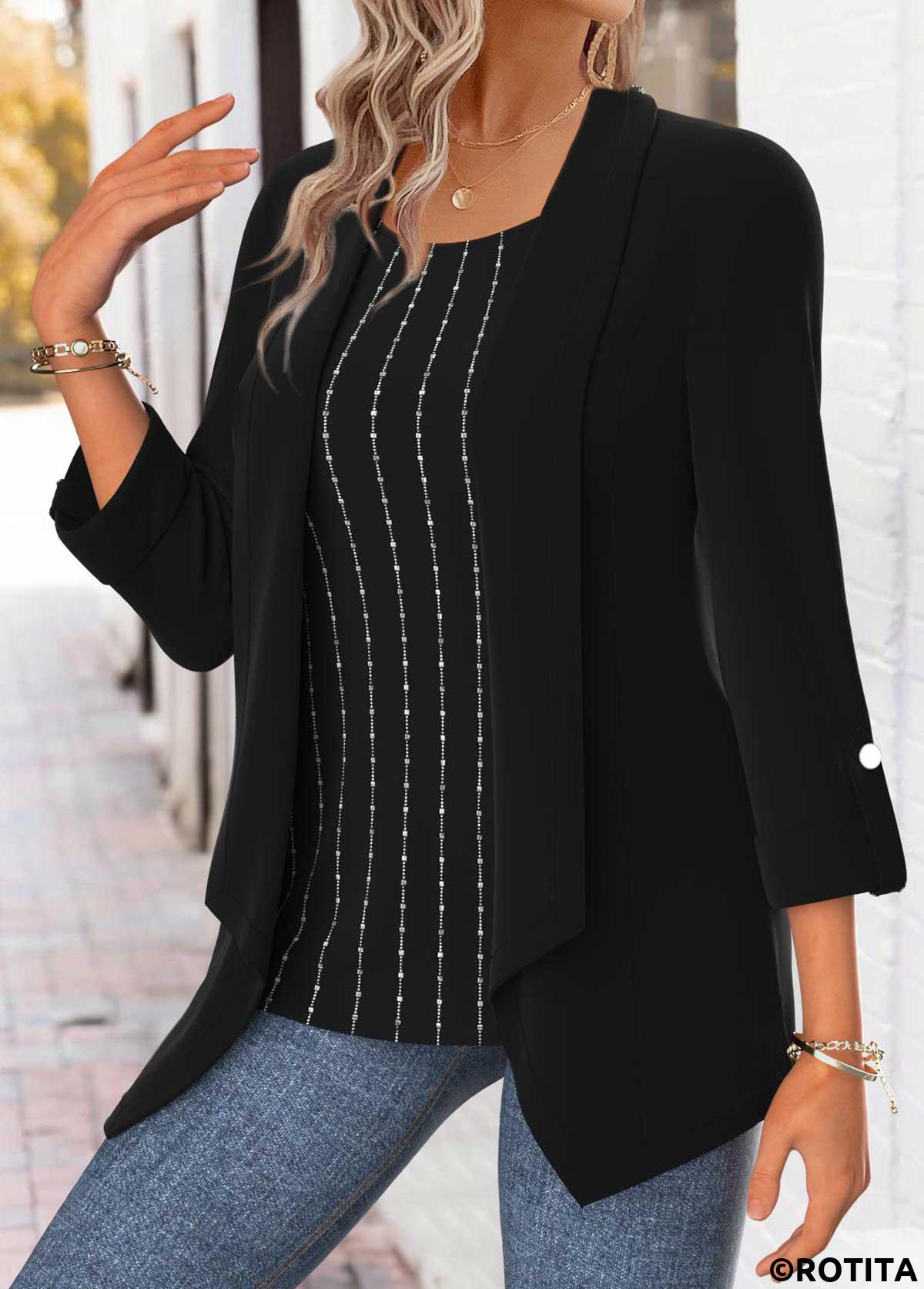 Black tops,Plain Color tops,ROTITA Tummy Coverage Black Square Neck Long Sleeve Blouse