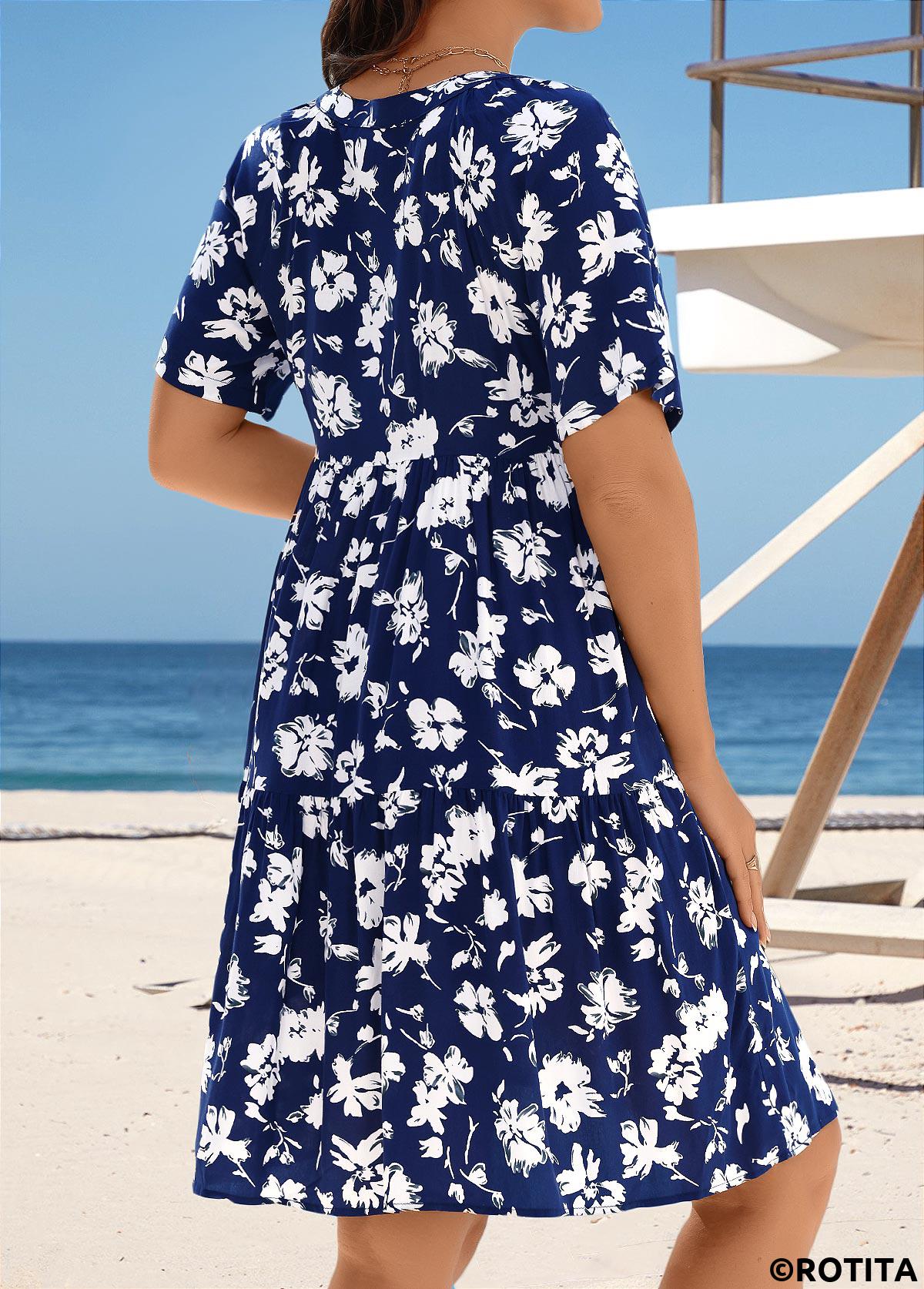 Navy swimwear,Floral swimwear,Plants swimwear,Tummy Coverage Navy Floral Print Cover Up