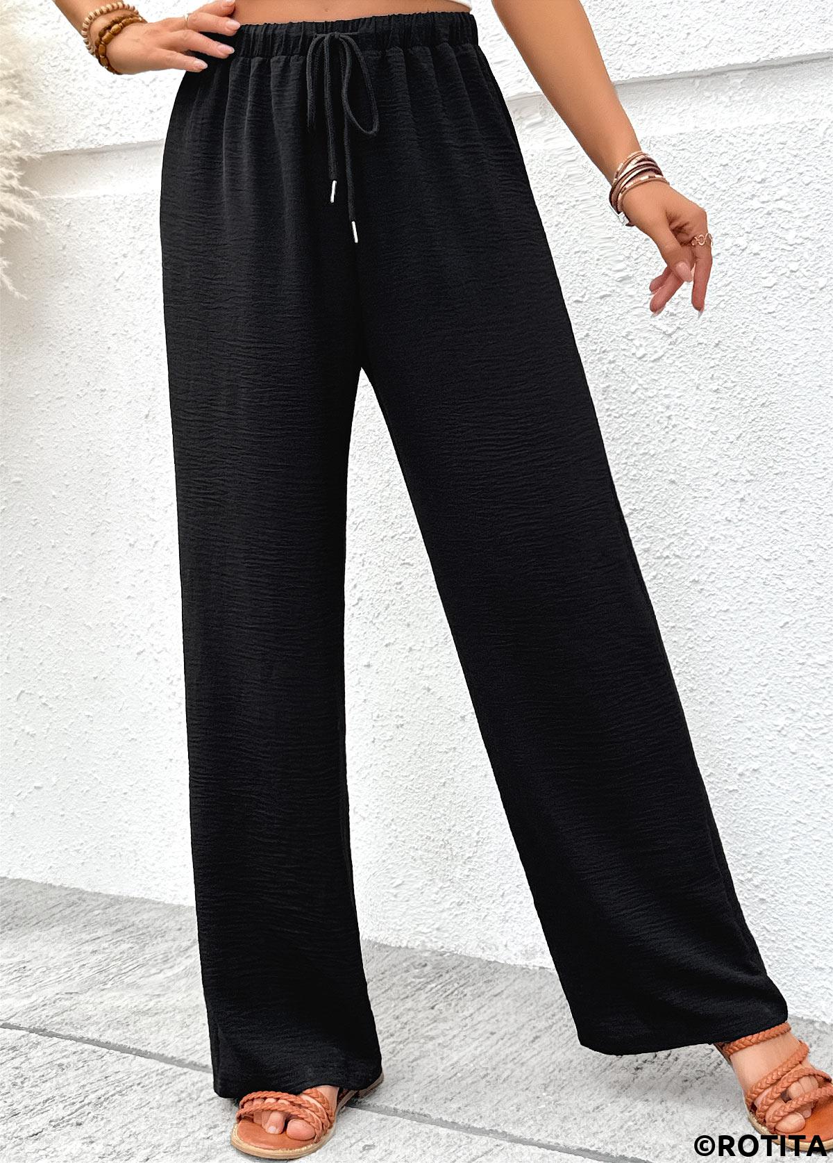 Black bottoms,Plain Color bottoms,Soft Black Wide Leg Elastic Waist High Waisted Pants