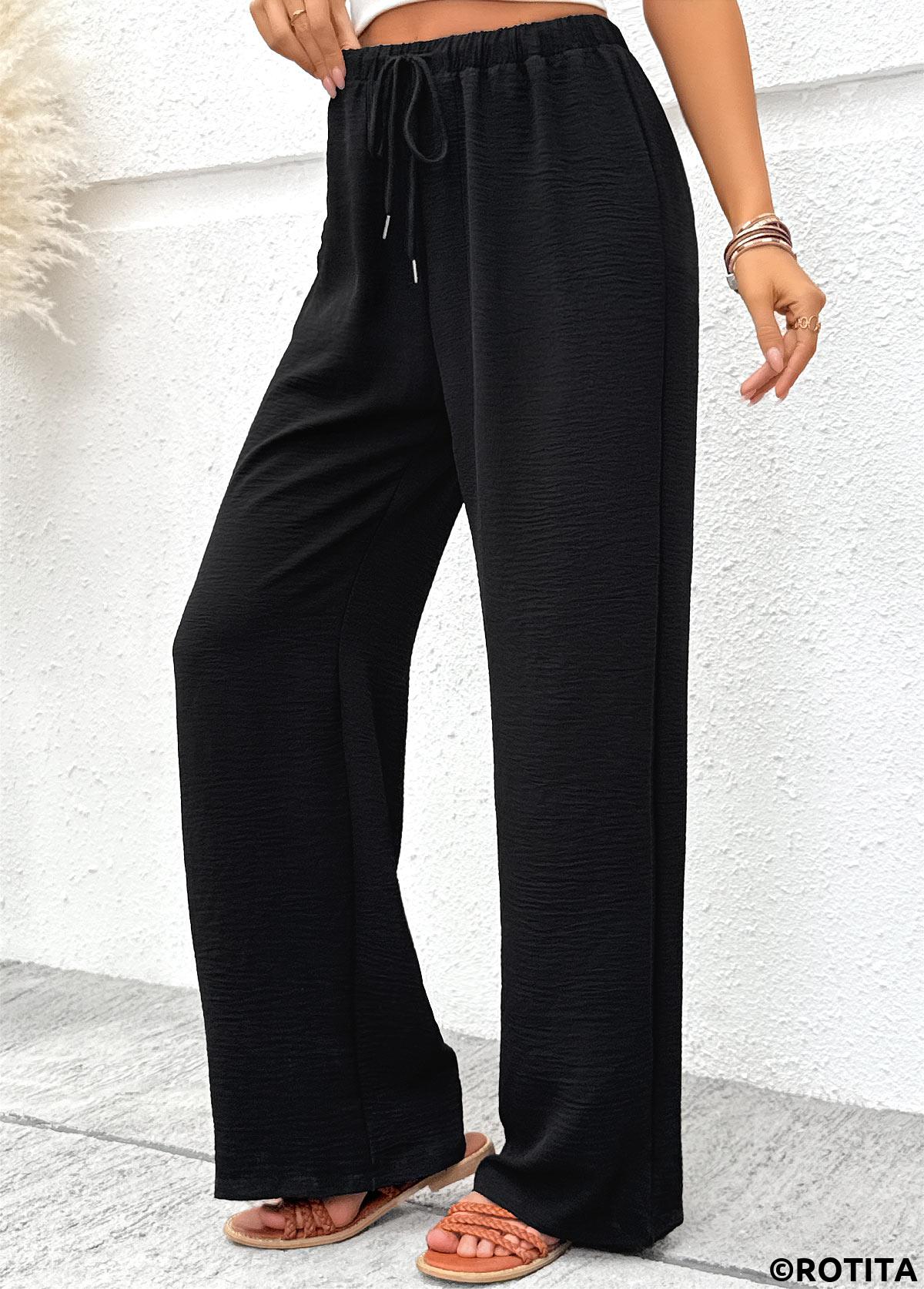 Black bottoms,Plain Color bottoms,Soft Black Wide Leg Elastic Waist High Waisted Pants