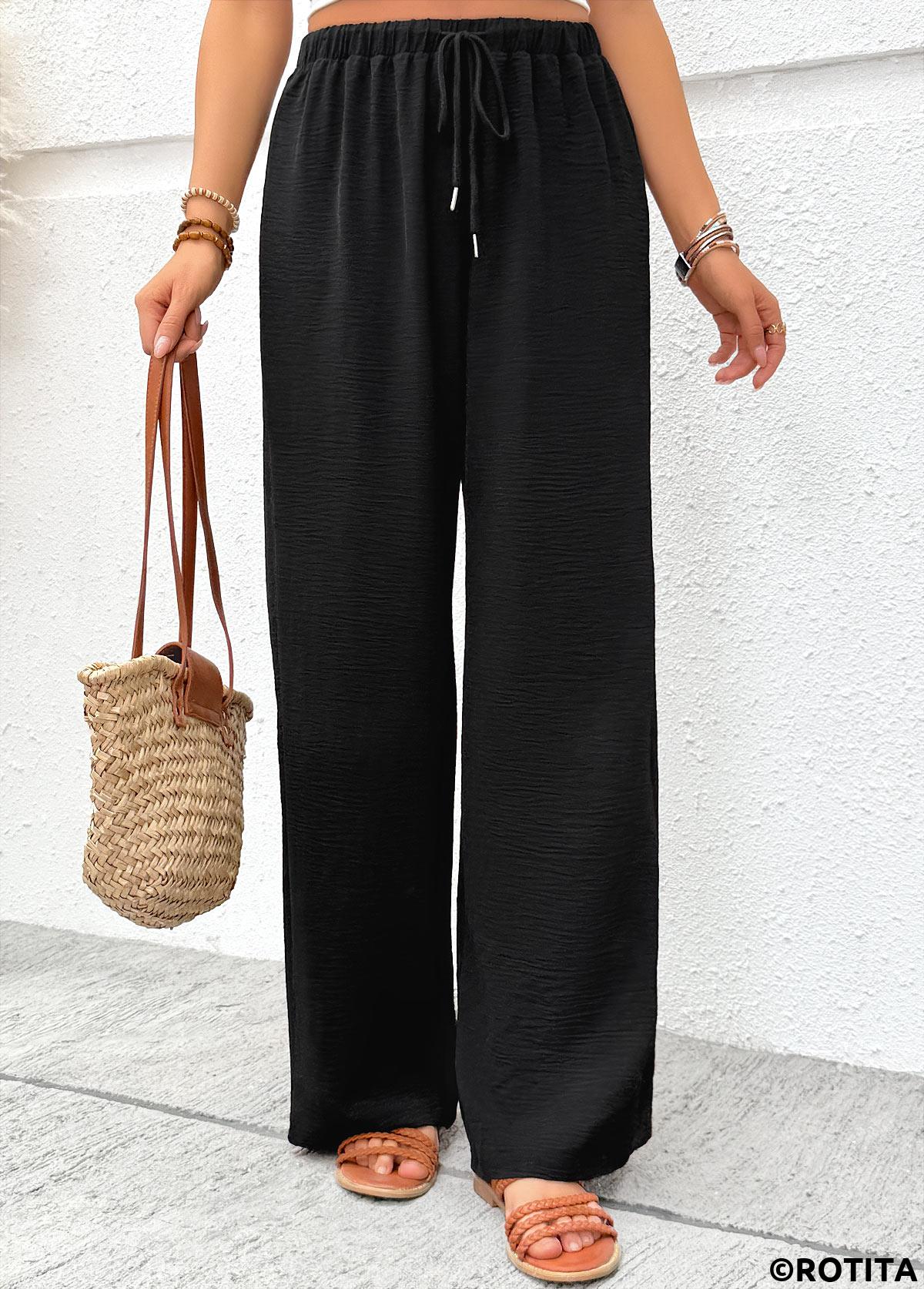 Black bottoms,Plain Color bottoms,Soft Black Wide Leg Elastic Waist High Waisted Pants