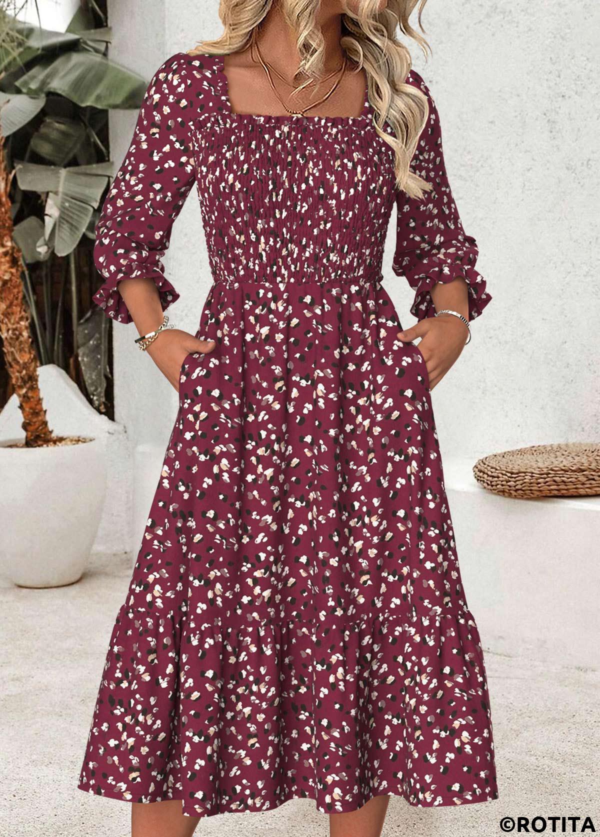 Dark Reddish Purple dresses,Leopard dresses,Animal Print dresses,Everyday dresses,Casual dresses,ROTITA Tummy Coverage Leopard Dark Reddish Purple Square Neck Dress