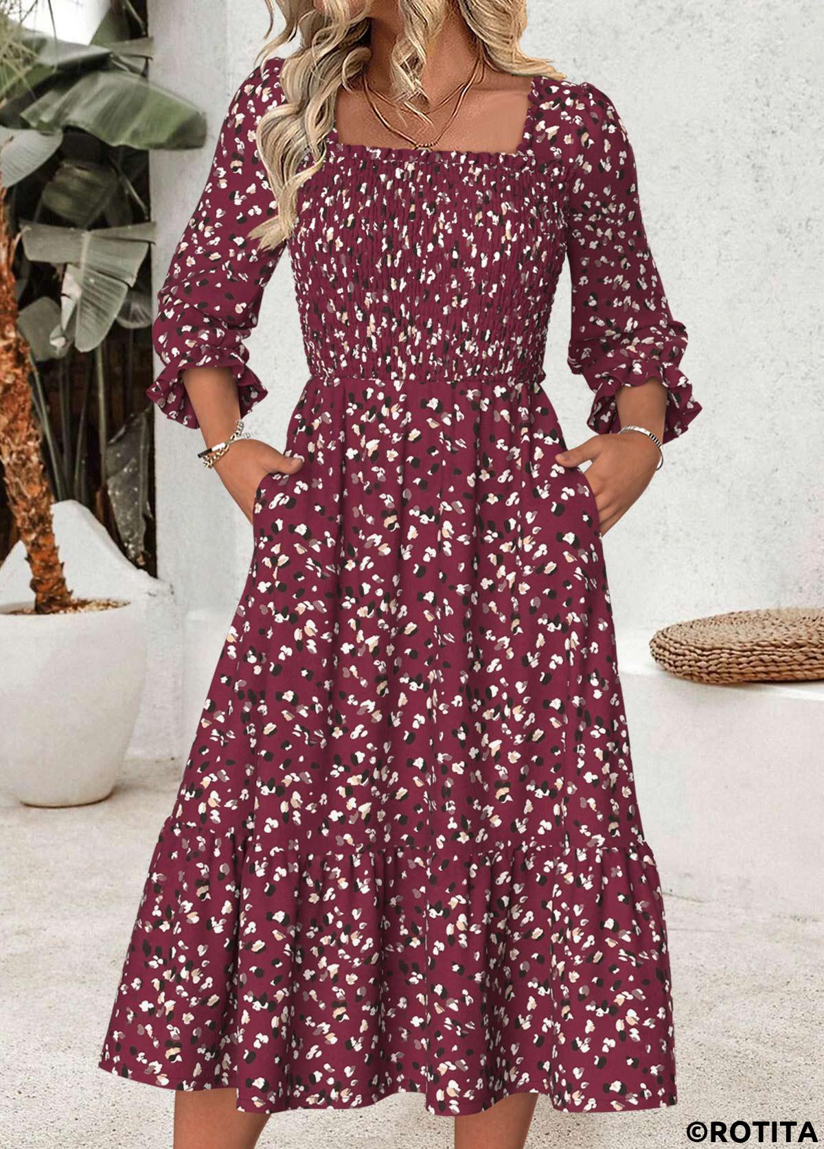 Dark Reddish Purple dresses,Leopard dresses,Animal Print dresses,Everyday dresses,Casual dresses,ROTITA Tummy Coverage Leopard Dark Reddish Purple Square Neck Dress