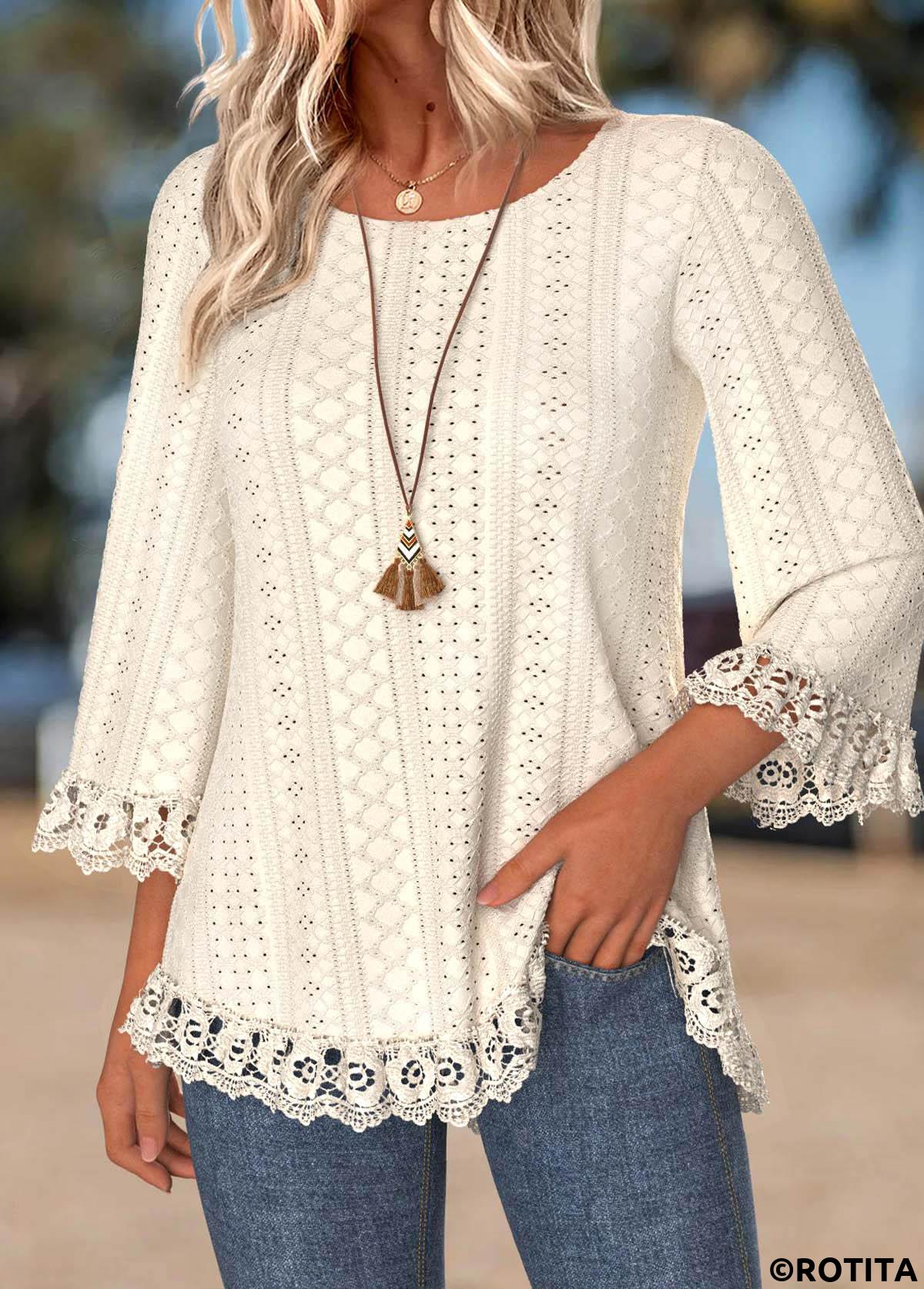 Beige tops,Plain Color tops,ROTITA Tummy Coverage Beige Round Neck 3/4 Sleeve T Shirt