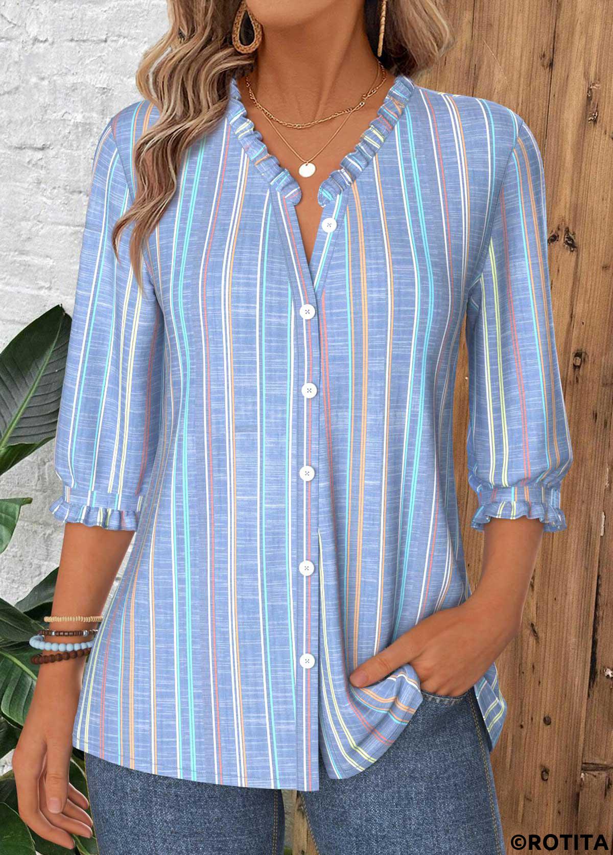 Dusty Blue tops,Striped tops,Geometric tops,ROTITA Tummy Coverage Multi Stripe Print Dusty Blue Blouse
