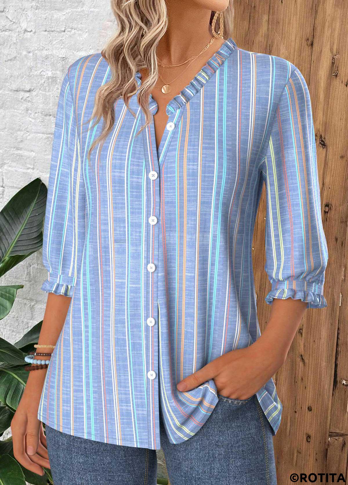 Dusty Blue tops,Striped tops,Geometric tops,ROTITA Tummy Coverage Multi Stripe Print Dusty Blue Blouse