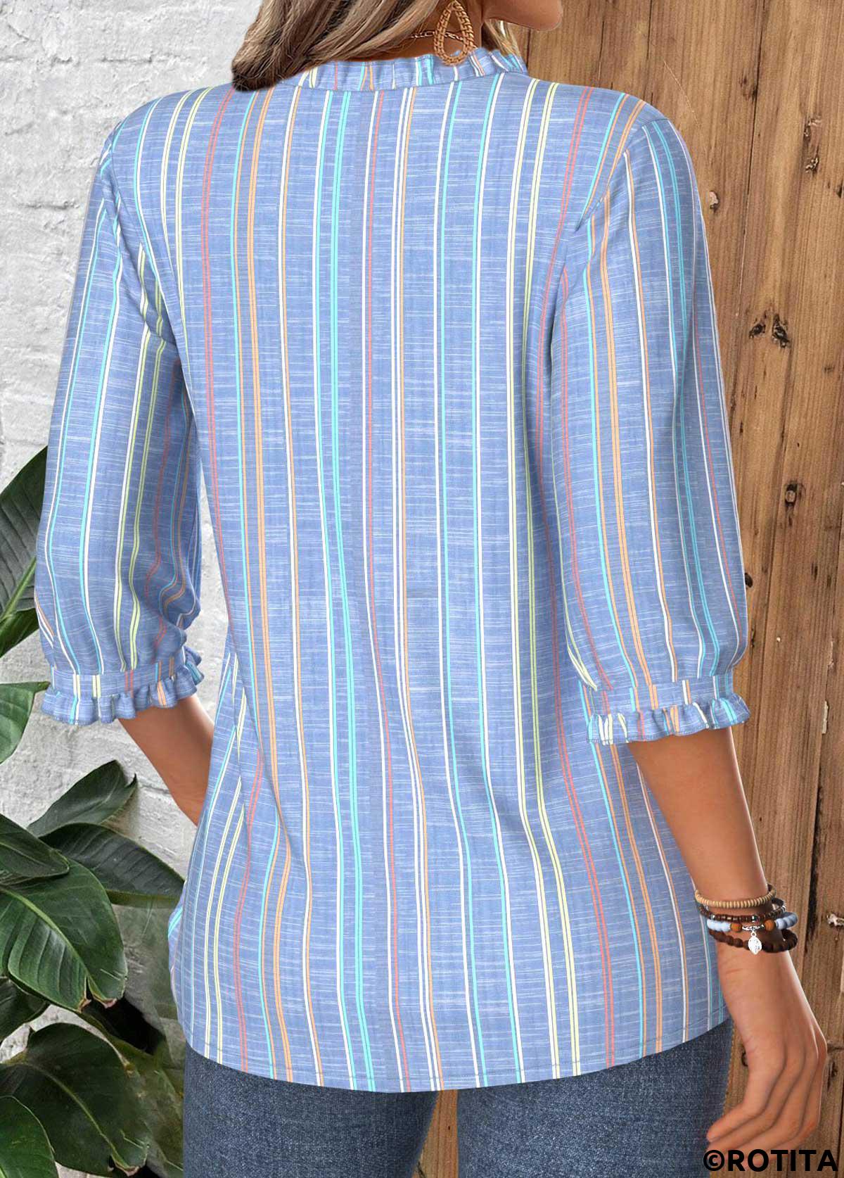 Dusty Blue tops,Striped tops,Geometric tops,ROTITA Tummy Coverage Multi Stripe Print Dusty Blue Blouse