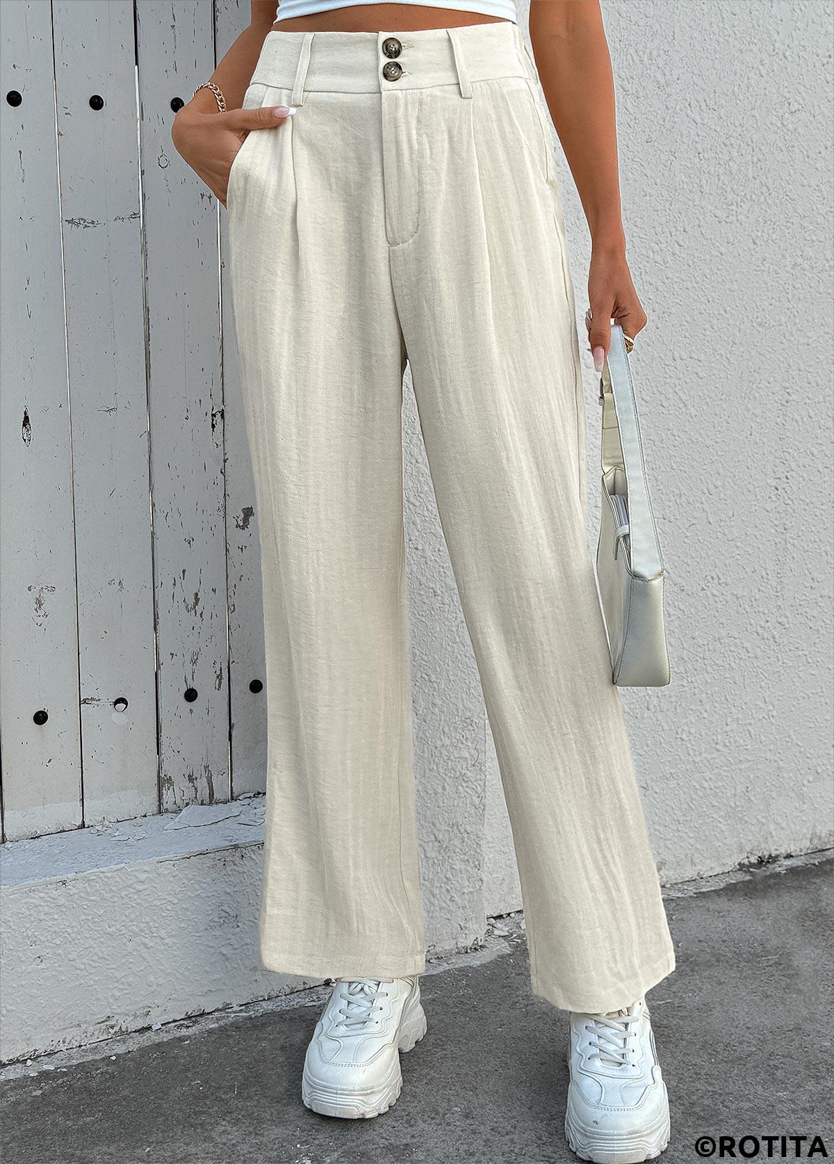 Beige bottoms,Plain Color bottoms,Soft Beige Straight Leg Button Fly High Waisted Pants