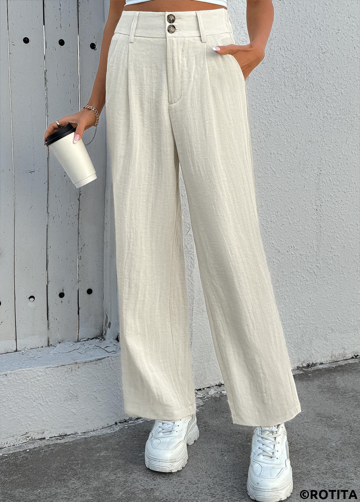 Beige bottoms,Plain Color bottoms,Soft Beige Straight Leg Button Fly High Waisted Pants