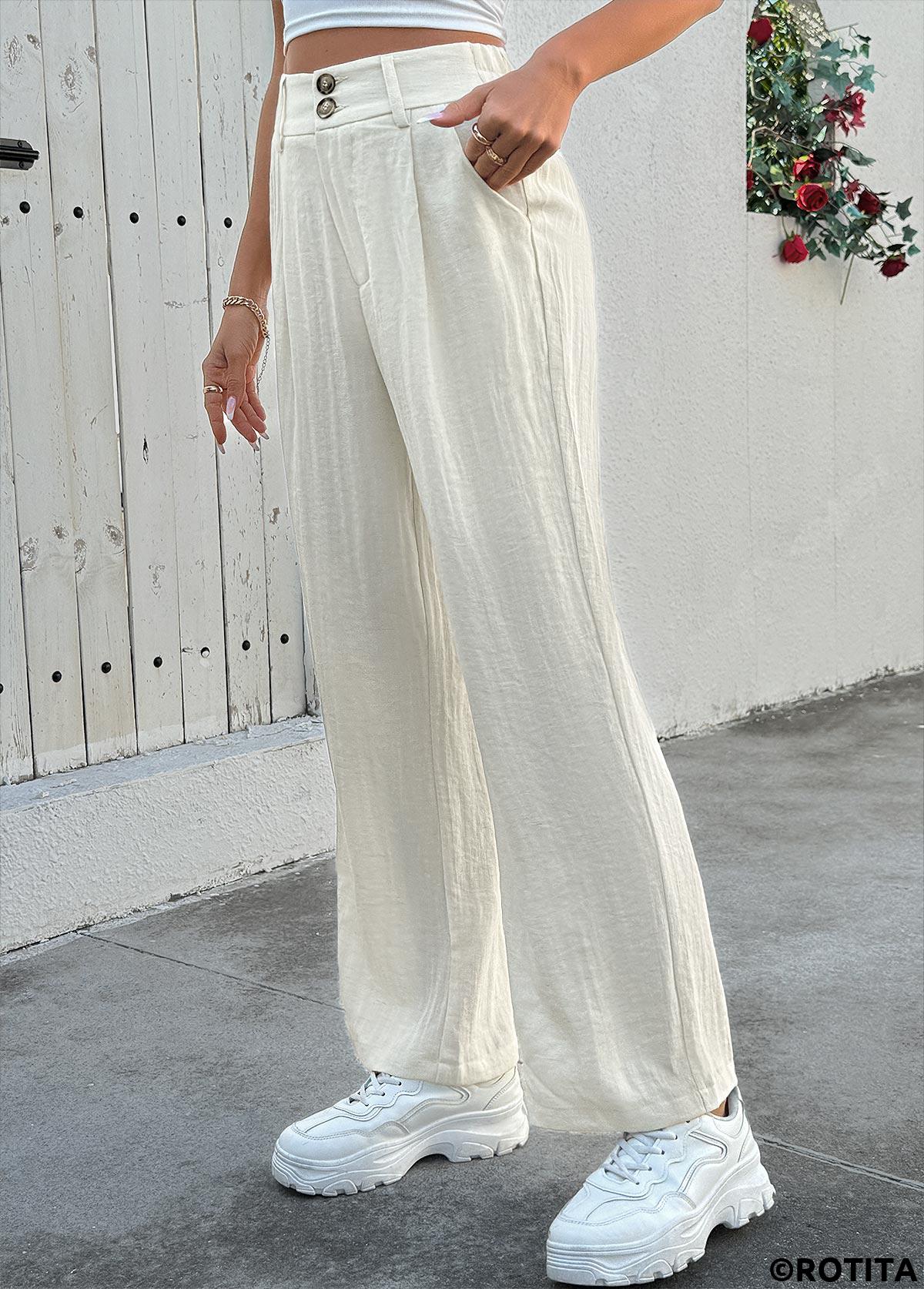 Beige bottoms,Plain Color bottoms,Soft Beige Straight Leg Button Fly High Waisted Pants