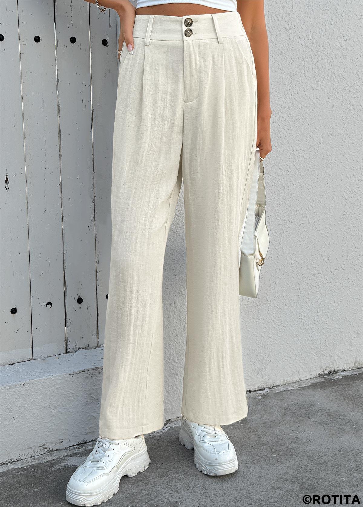 Beige bottoms,Plain Color bottoms,Soft Beige Straight Leg Button Fly High Waisted Pants